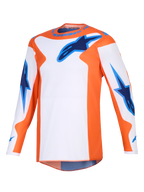 Alpinestars Maglia Fluid Grid 2026, maglia da motocross, arancione, bianco e blu UCLA, abbigliamento tecnico a maniche lunghe con loghi a stella blu su petto e maniche, vestibilità atletica per guida off-road