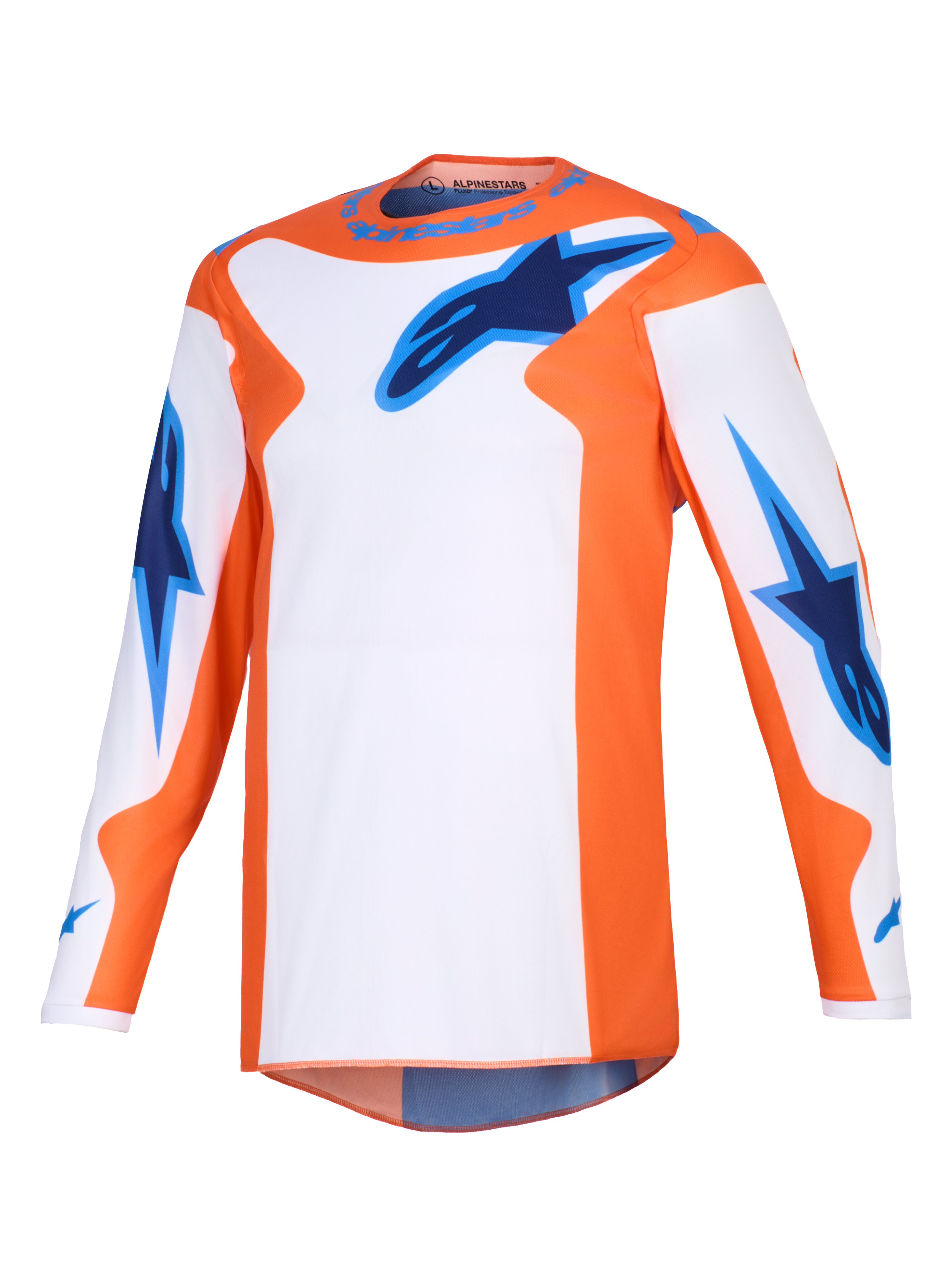 Alpinestars Maglia Fluid Grid 2026, maglia da motocross, arancione, bianco e blu UCLA, abbigliamento tecnico a maniche lunghe con loghi a stella blu su petto e maniche, vestibilità atletica per guida off-road