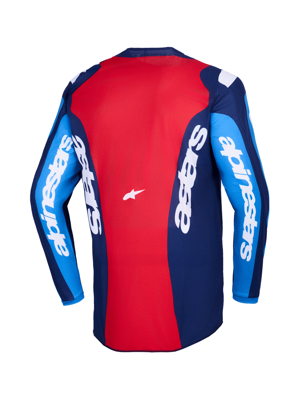 Alpinestars Fluid Grid Jersey 2026, vista posteriore, maglia da motocross rossa e blu, caratterizzata da branding Alpinestars bianco su maniche e retro, design in poliestere leggero per la guida fuoristrada