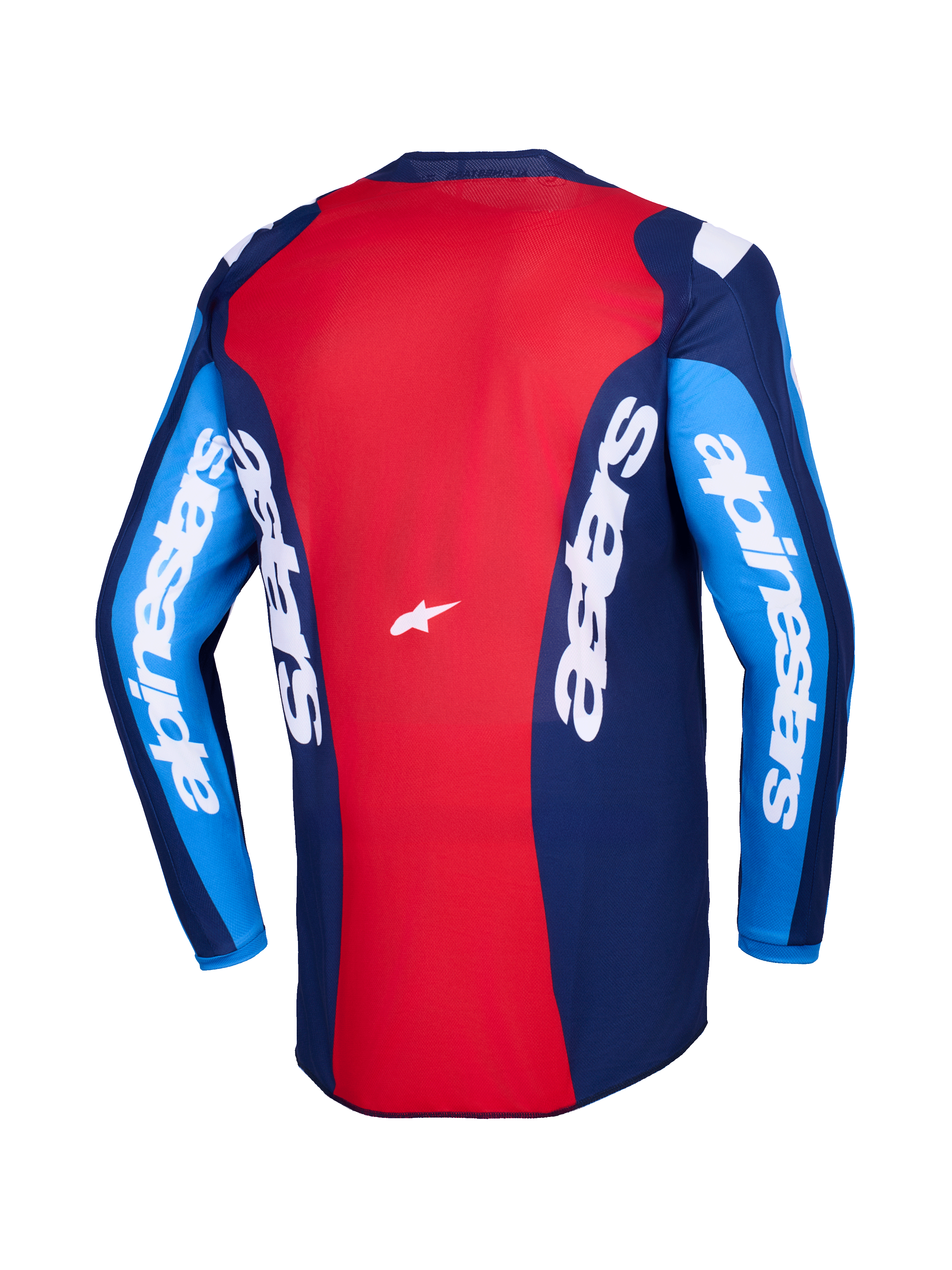 Alpinestars Fluid Grid Jersey 2026, vista posteriore, maglia da motocross rossa e blu, caratterizzata da branding Alpinestars bianco su maniche e retro, design in poliestere leggero per la guida fuoristrada