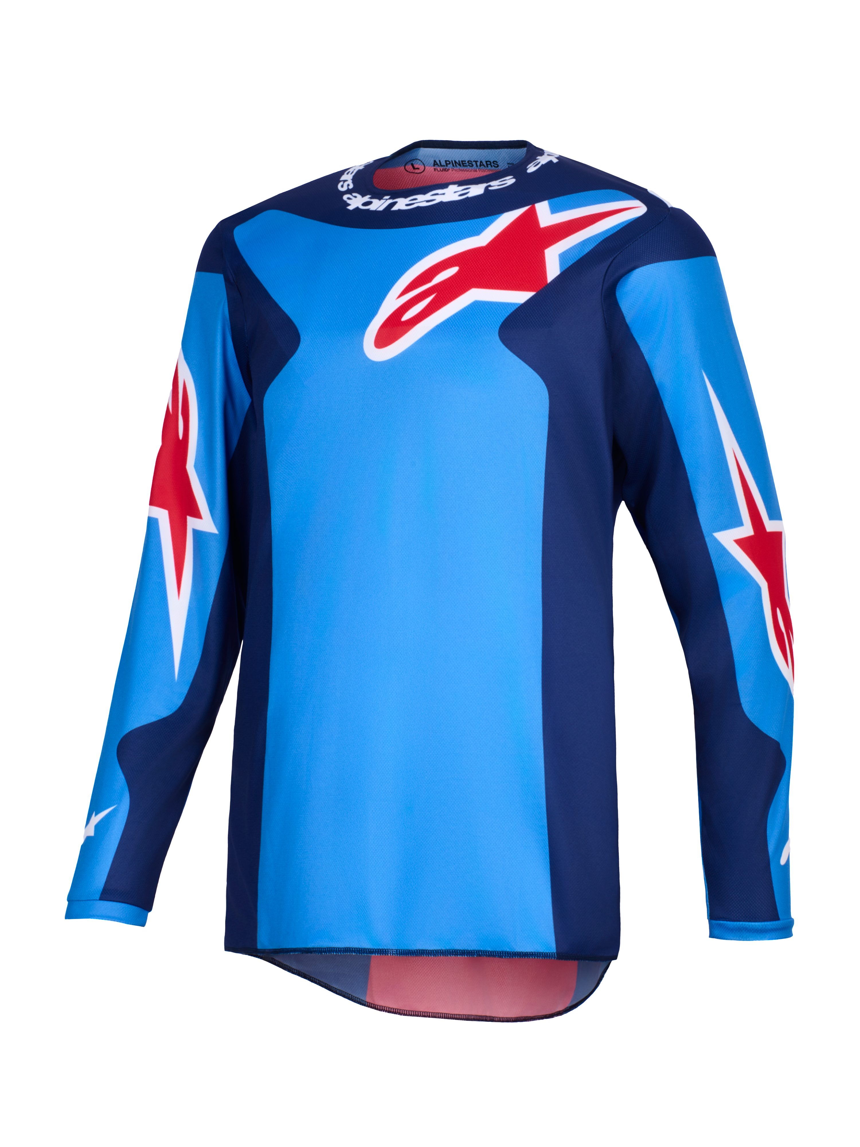 Alpinestars Fluid Grid Jersey 2026, maglia da motocross, blu e rossa, caratterizzata da grandi loghi a stella rossi Alpinestars, pannelli laterali blu scuro e costruzione in poliestere leggero con taglio posteriore allungato per la guida off-road.