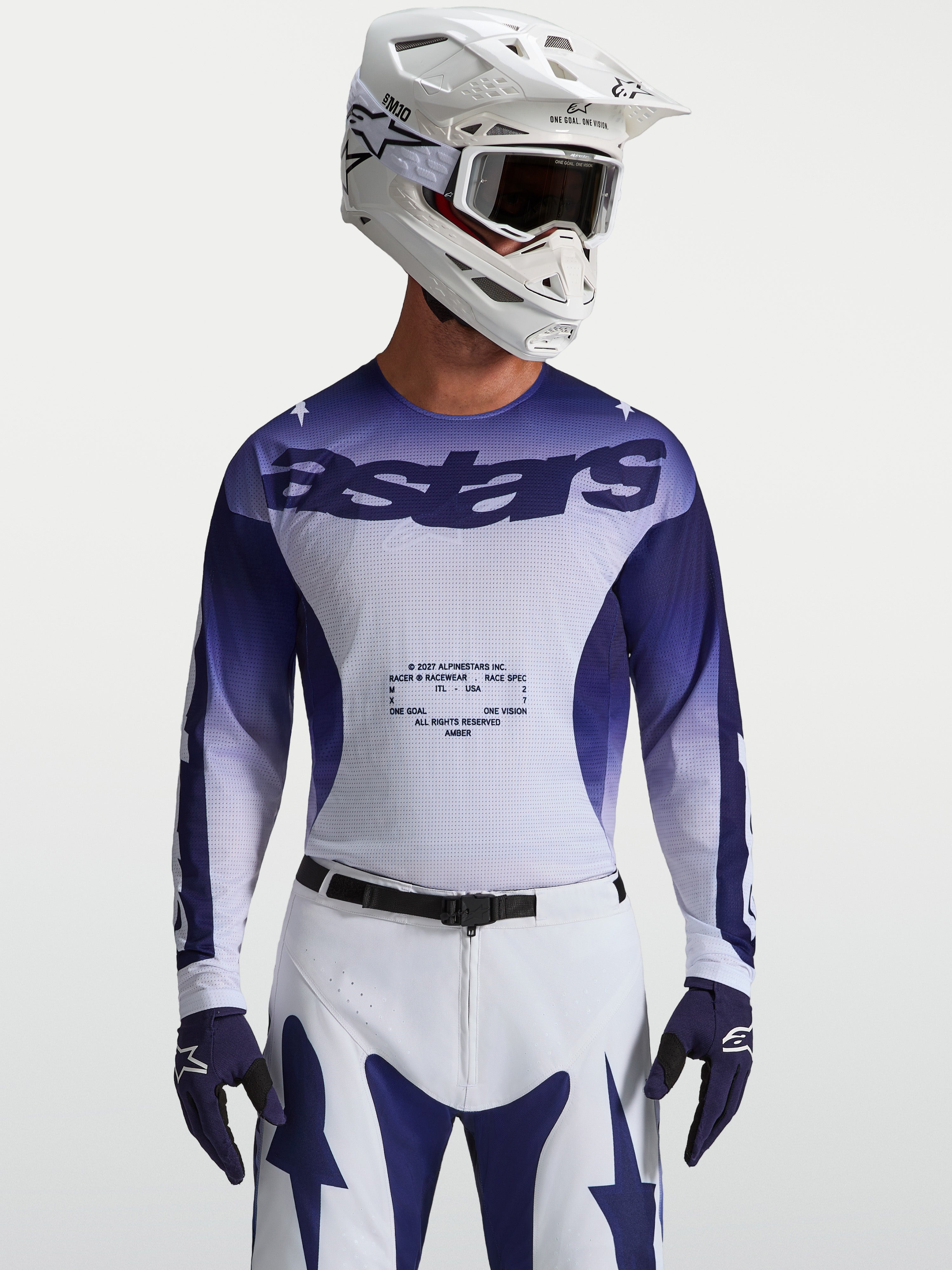 Alpinestars Maglia Racer Air Amber, maglia da motocross per uomo, blu e bianca, in mesh traspirante per prestazioni off-road.