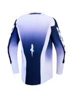 Alpinestars Maglia Racer Air Amber, maglia da motocross per uomo, blu e bianca, vista posteriore, tessuto mesh traspirante con orlo posteriore allungato, abbigliamento tecnico per fuoristrada