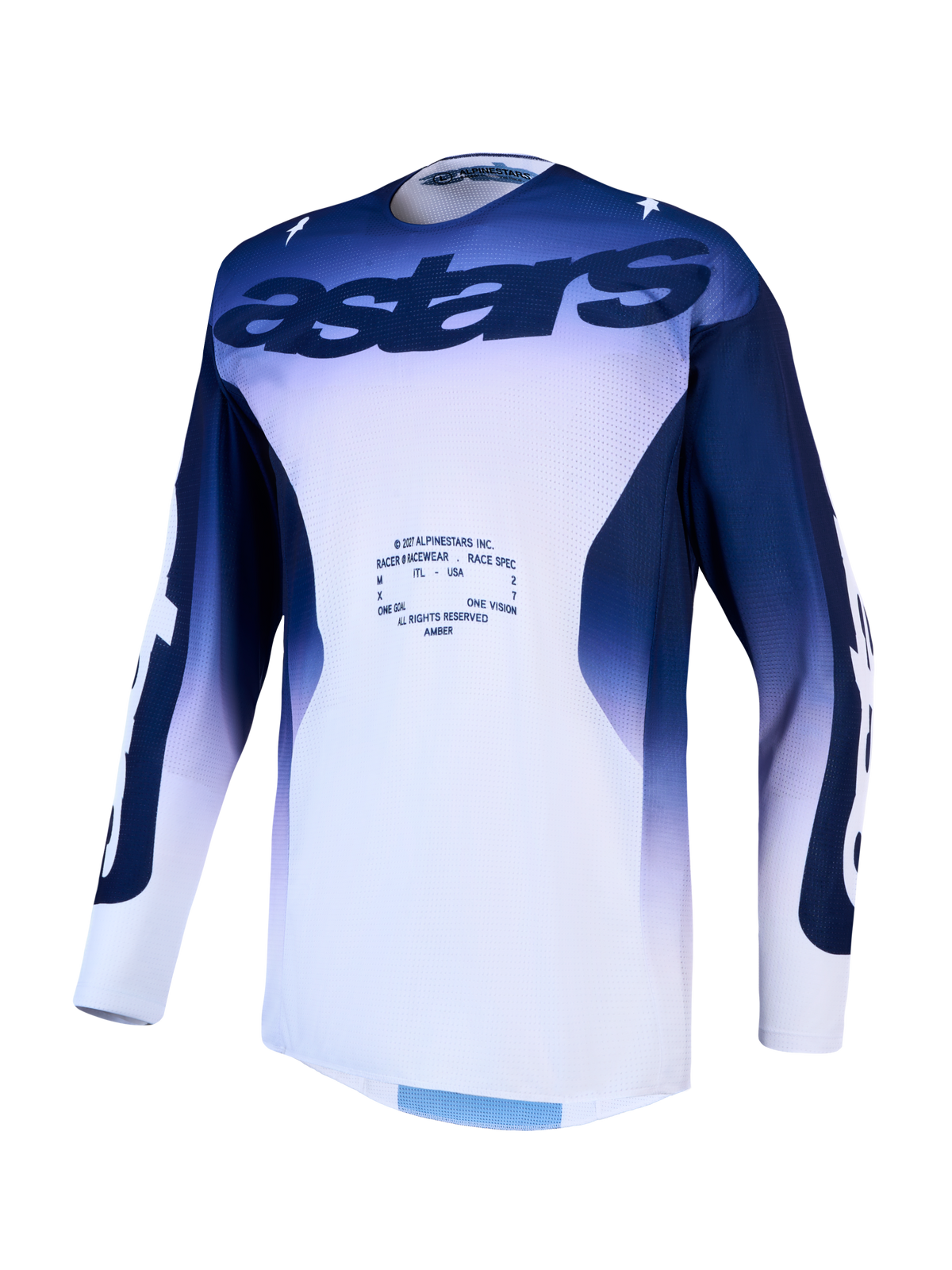 Alpinestars Racer Air Amber Men's Motocross Jersey in blue and white, featuring ventilated mesh for enhanced airflow.