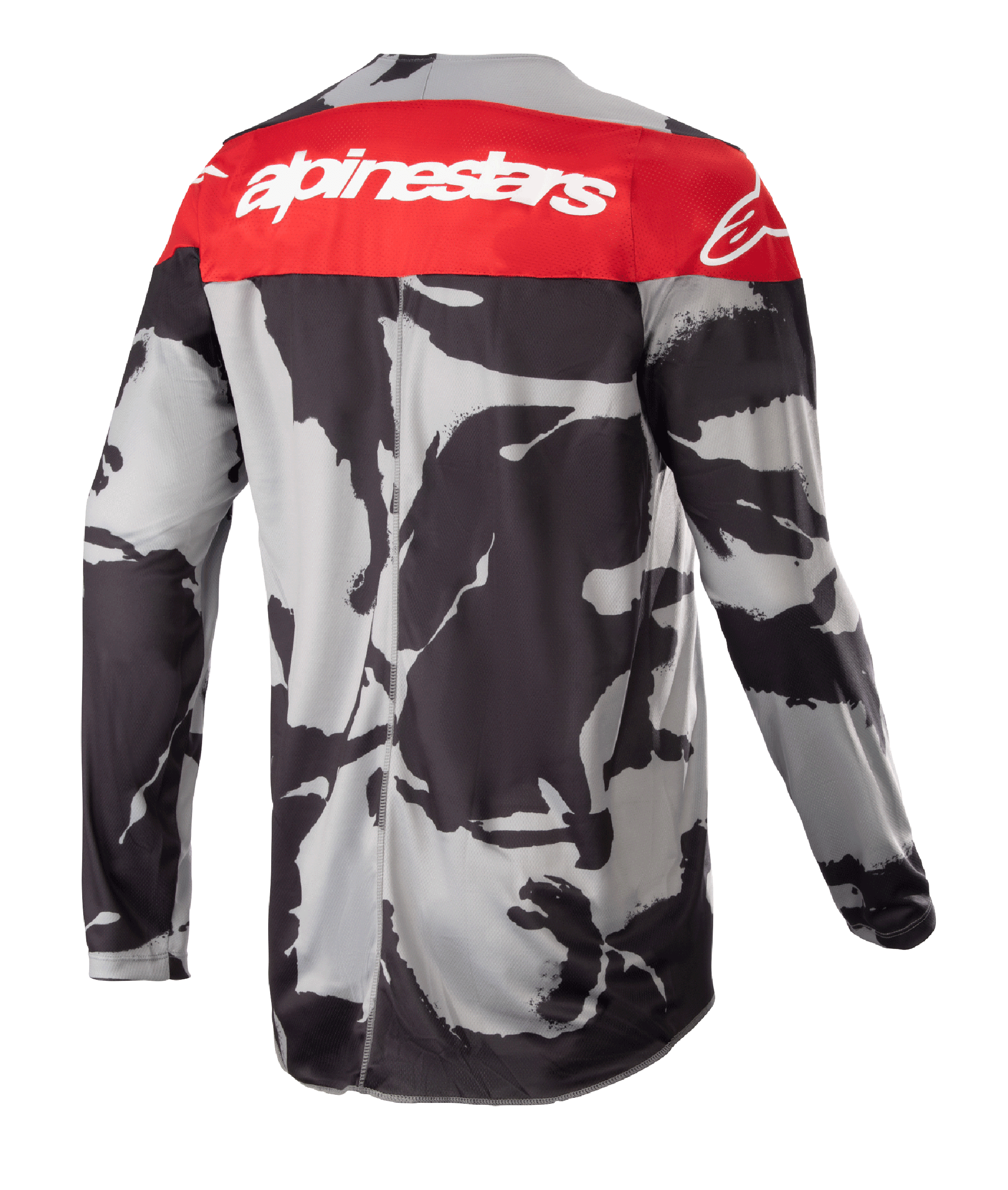 Alpinestars Maglia Racer Tactical 2023, maglia da motocross, Cast Gray Camo e Mars Red, vista posteriore con pannello superiore rosso, logo Alpinestars bianco e motivo mimetico grigio-nero, abbigliamento leggero per prestazioni fuoristrada