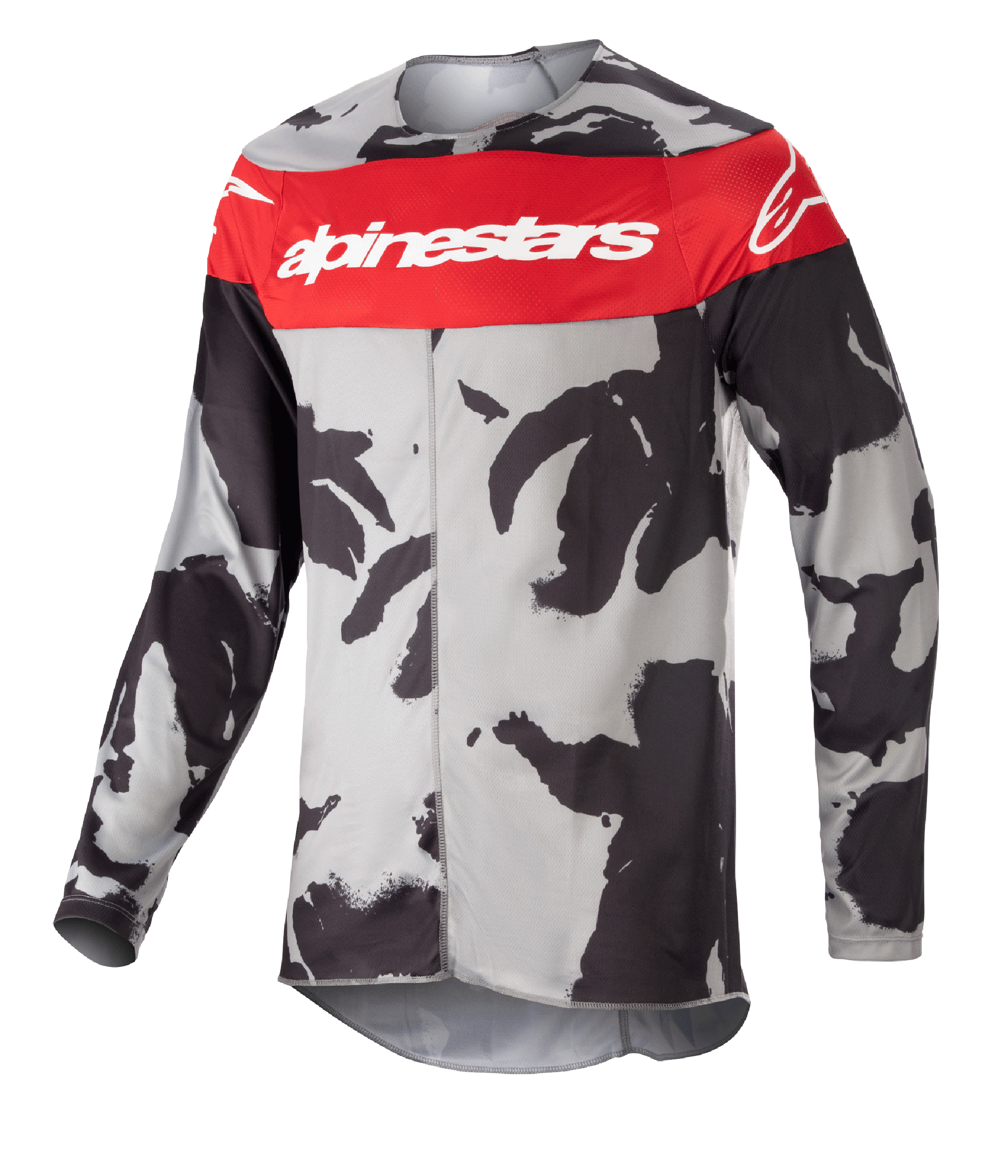 Alpinestars 2023 Racer Tactical Jersey, maglia da motocross, Cast Gray Camo e Mars Red, vistosa banda rossa sul petto con marchio Alpinestars bianco, motivo mimetico nero e grigio, abbigliamento tecnico a maniche lunghe per gare off-road