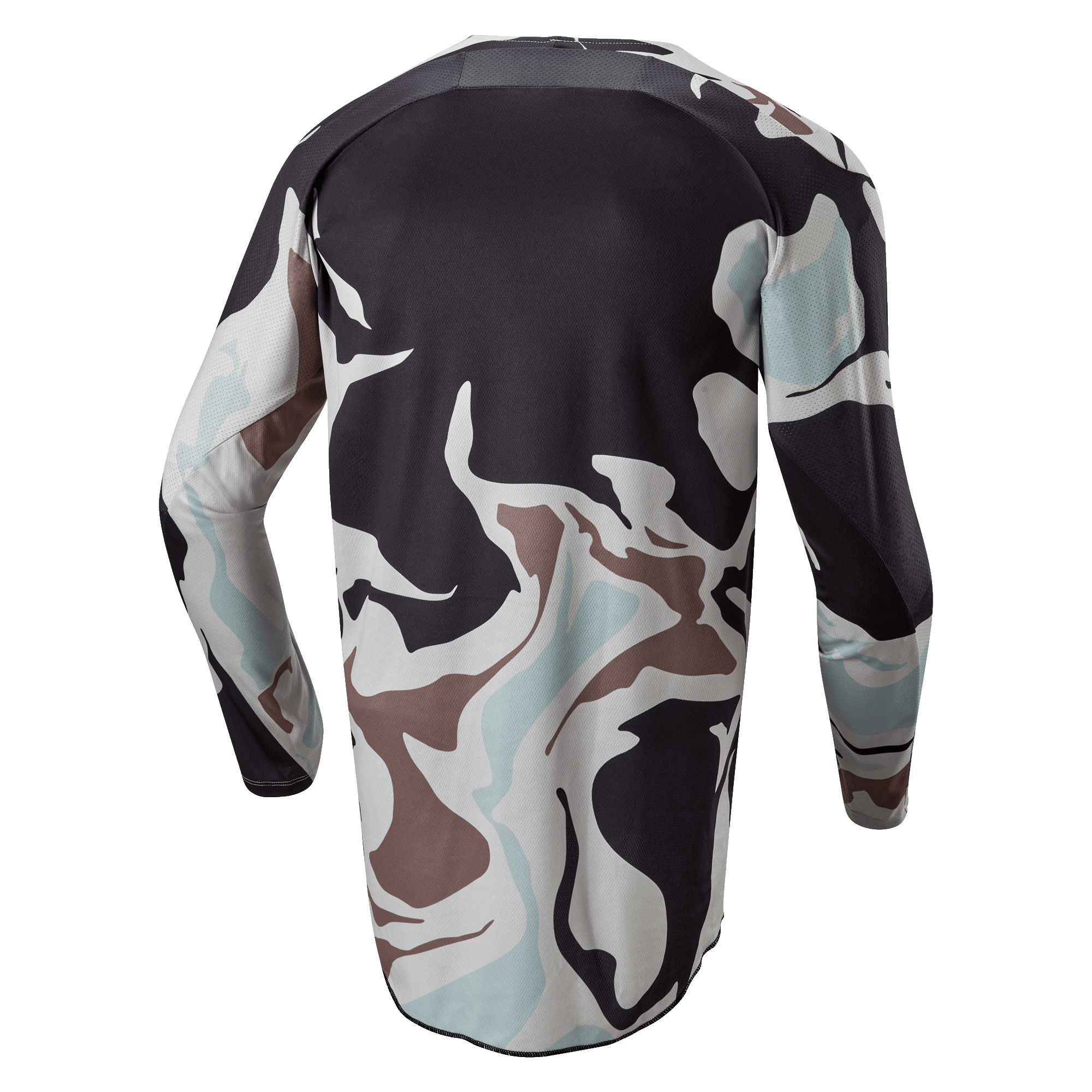 Alpinestars 2024 Racer Tactical Jersey, Iron Camo Dust Gray, vista posteriore della maglia da motocross a maniche lunghe con motivo mimetico in grigio, nero, azzurro e sabbia, con bordo posteriore allungato per una maggiore copertura.