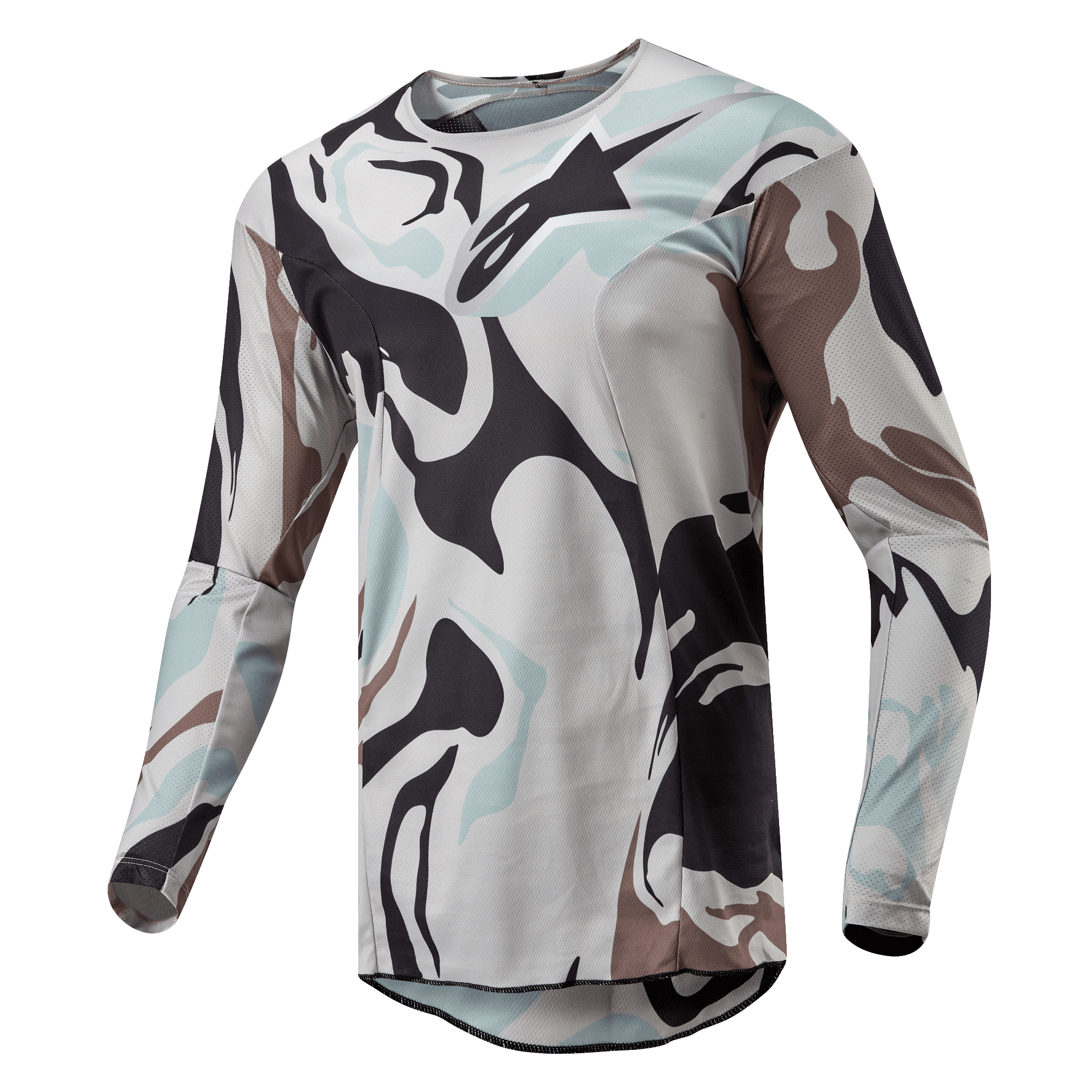 Alpinestars 2024 Racer Tactical Jersey, maglia da motocross, Iron Camo Dust Gray, caratterizzata da un audace motivo mimetico nei toni del grigio chiaro, grigio scuro e blu pallido, costruzione leggera in poli-tessuto con inserti in rete traspirante, vestibilità sportiva ergonomica.