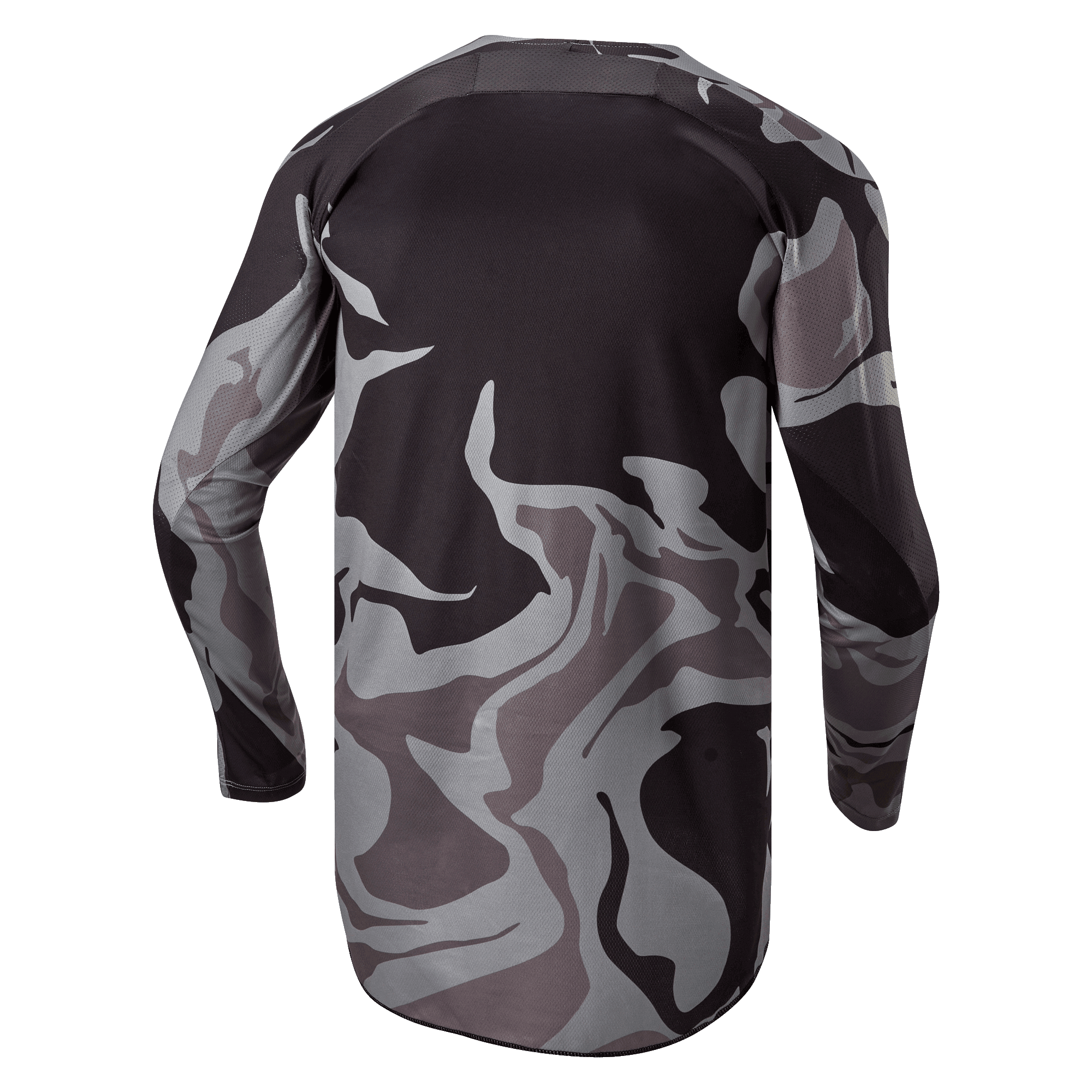 Alpinestars 2024 Racer Tactical Jersey, maglia da motocross, Cast Gray Camo Magnet, vista posteriore con motivo mimetico grigio e nero, tessuto traspirante e bordo posteriore allungato per una maggiore copertura
