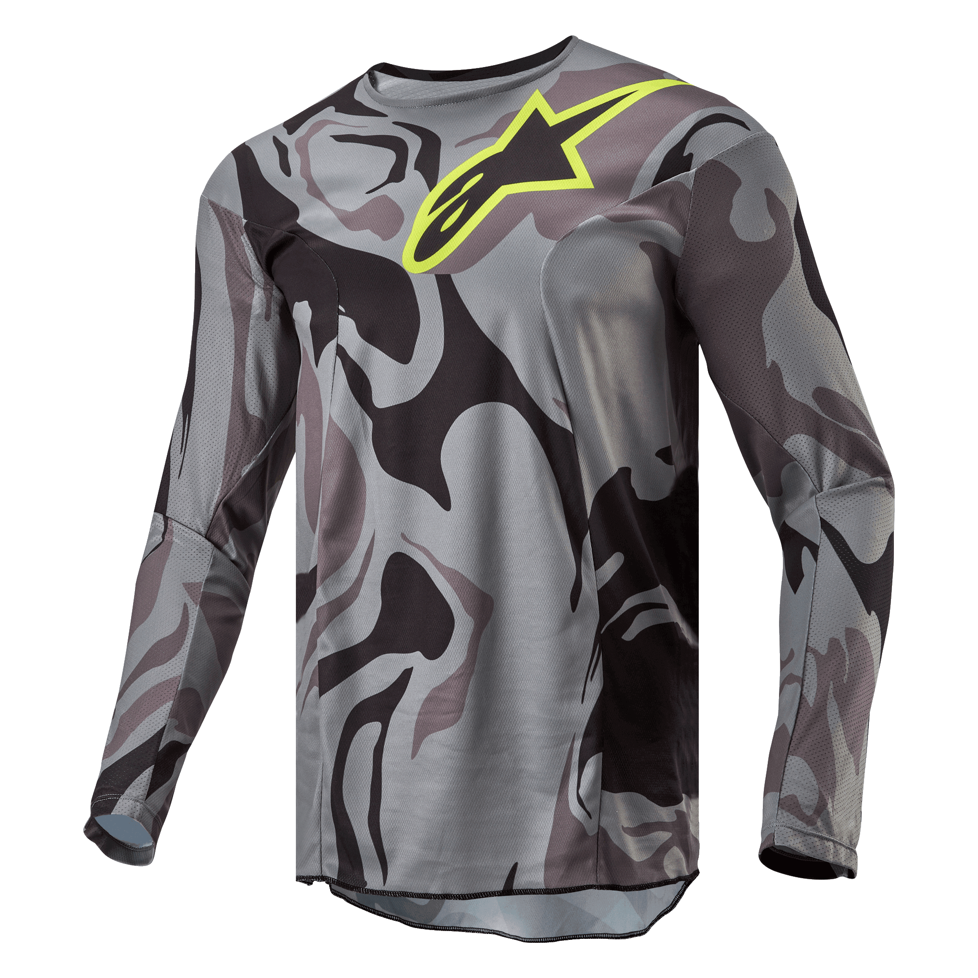 Alpinestars 2024 Racer Tactical Jersey, maglia da motocross, Cast Gray Camo Magnet, motivo mimetico grigio e nero con logo Alpinestars giallo acceso sul petto, maniche lunghe, abbigliamento tecnico da fuoristrada