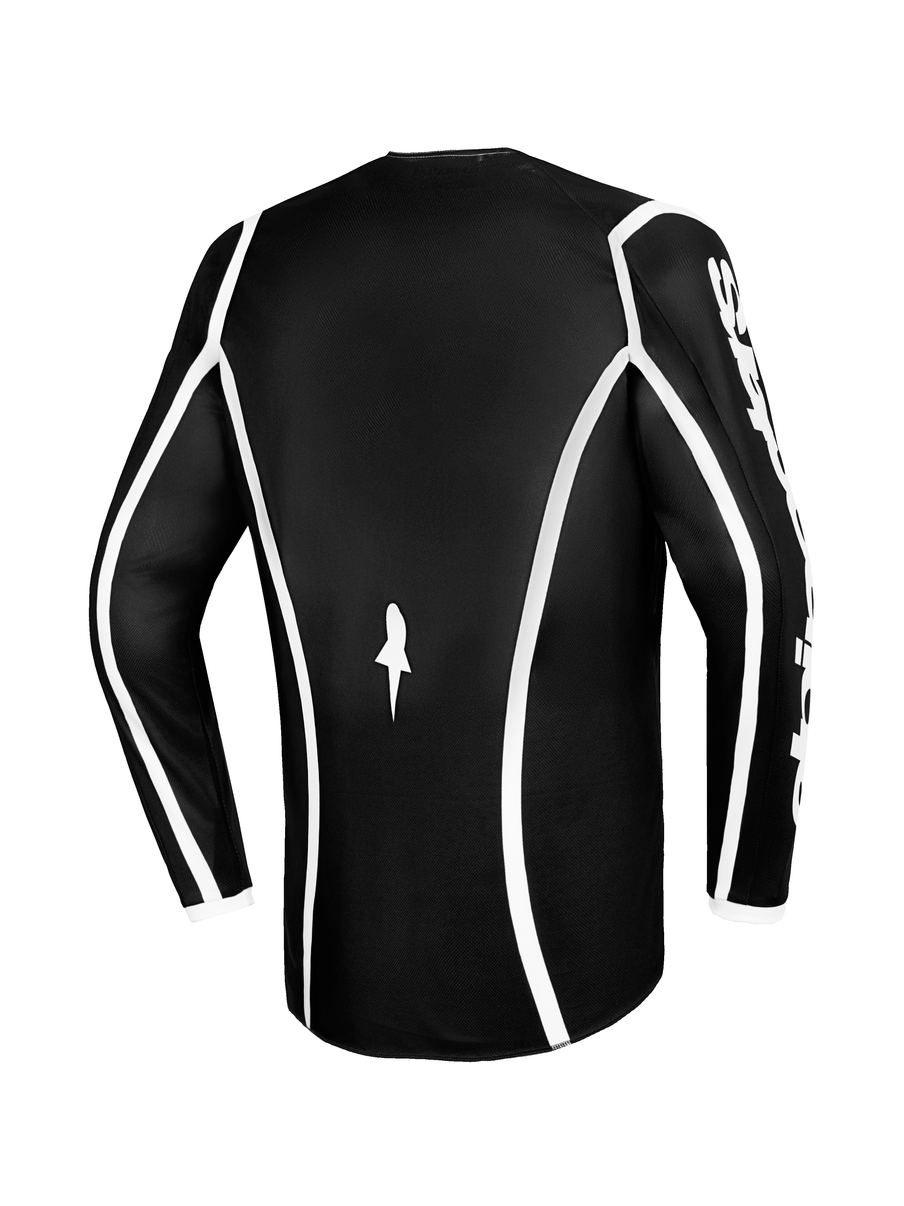 Alpinestars 2026 Fluid Apex Jersey, maglia da motocross, nero con profili curvi bianchi, vista posteriore che mostra il taglio ergonomico e un piccolo logo bianco, maglia tecnica a maniche lunghe per corse fuoristrada