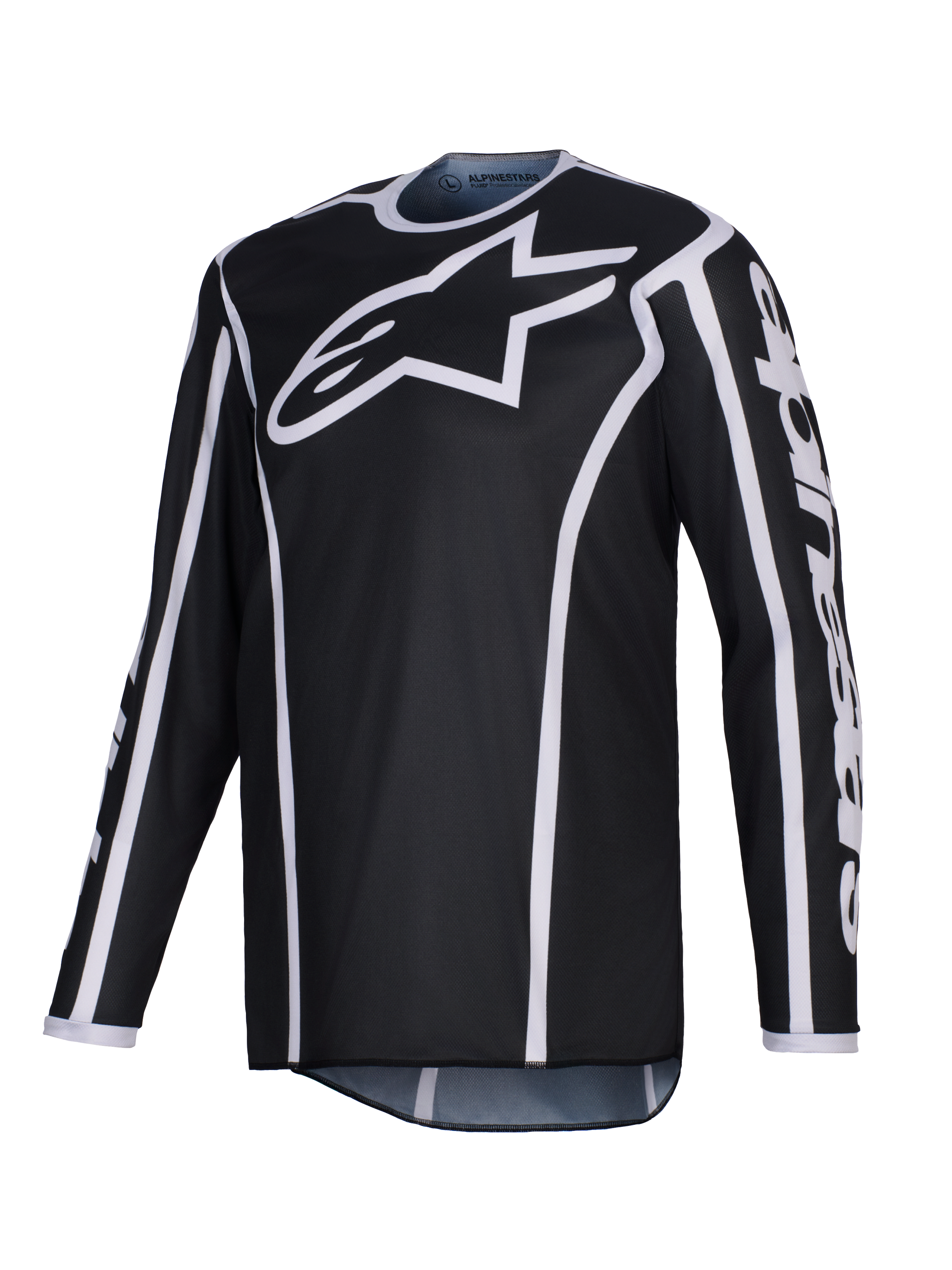 Alpinestars 2026 Fluid Apex Jersey, maglia da motocross, nero con accenti bianchi, grande logo bianco sul petto, bordi bianchi lungo le cuciture, tessuto tecnico in poliestere a maniche lunghe per gare fuoristrada