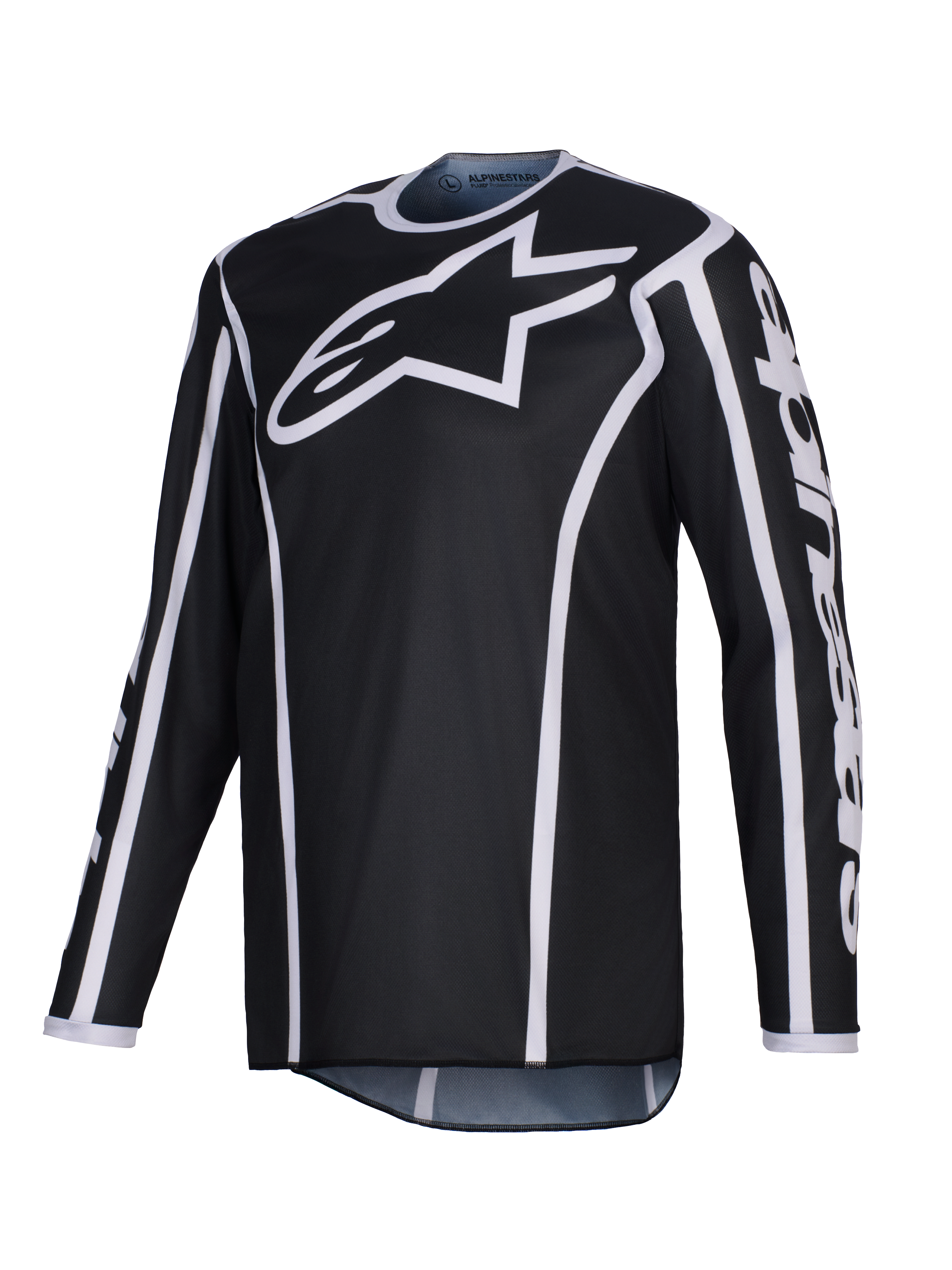 Alpinestars 2026 Fluid Apex Jersey, maglia da motocross, nero con accenti bianchi, grande logo bianco sul petto, bordi bianchi lungo le cuciture, tessuto tecnico in poliestere a maniche lunghe per gare fuoristrada