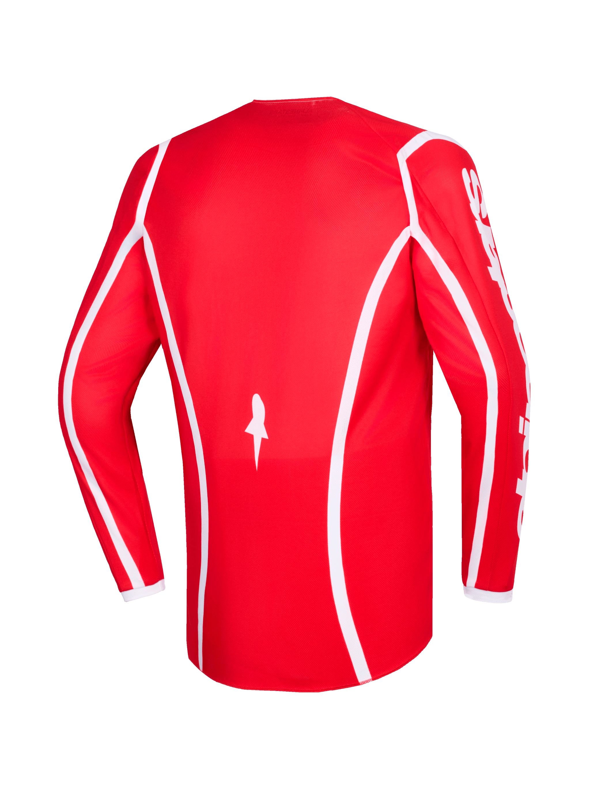 Alpinestars 2026 Fluid Apex Jersey, rosso e bianco, vista posteriore della maglia da motocross a maniche lunghe con linee curve bianche, logo a stella in basso e scritta Alpinestars bianca sulle maniche, progettata per gare fuoristrada