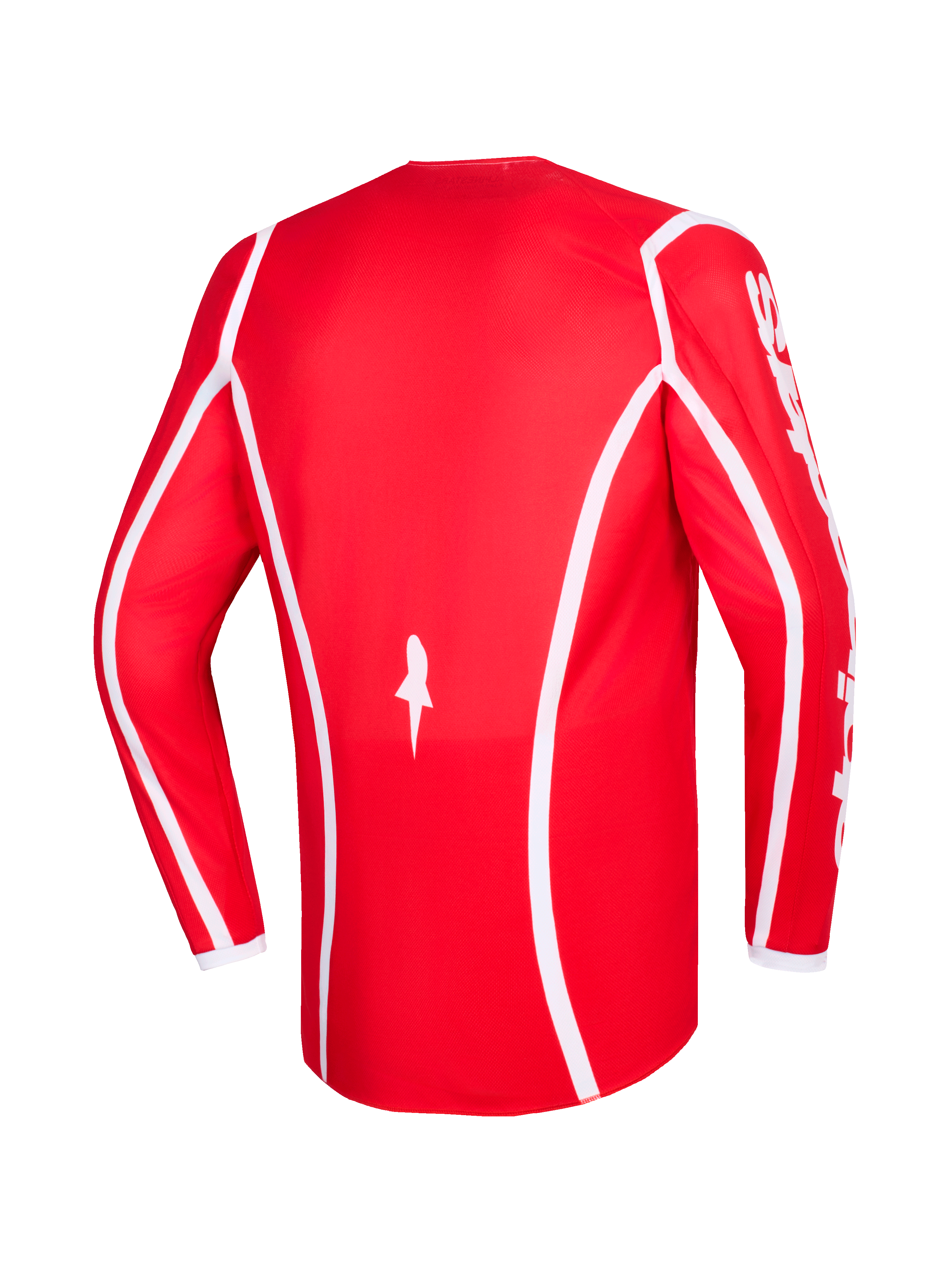 Alpinestars 2026 Fluid Apex Jersey, rosso e bianco, vista posteriore della maglia da motocross a maniche lunghe con linee curve bianche, logo a stella in basso e scritta Alpinestars bianca sulle maniche, progettata per gare fuoristrada