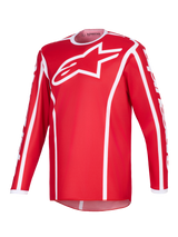 Alpinestars 2026 Fluid Apex Jersey, maglia da motocross, rosso e bianco, con grande logo A-star bianco sul petto, colletto sportivo bianco, profili verticali e bordo posteriore allungato per prestazioni fuoristrada