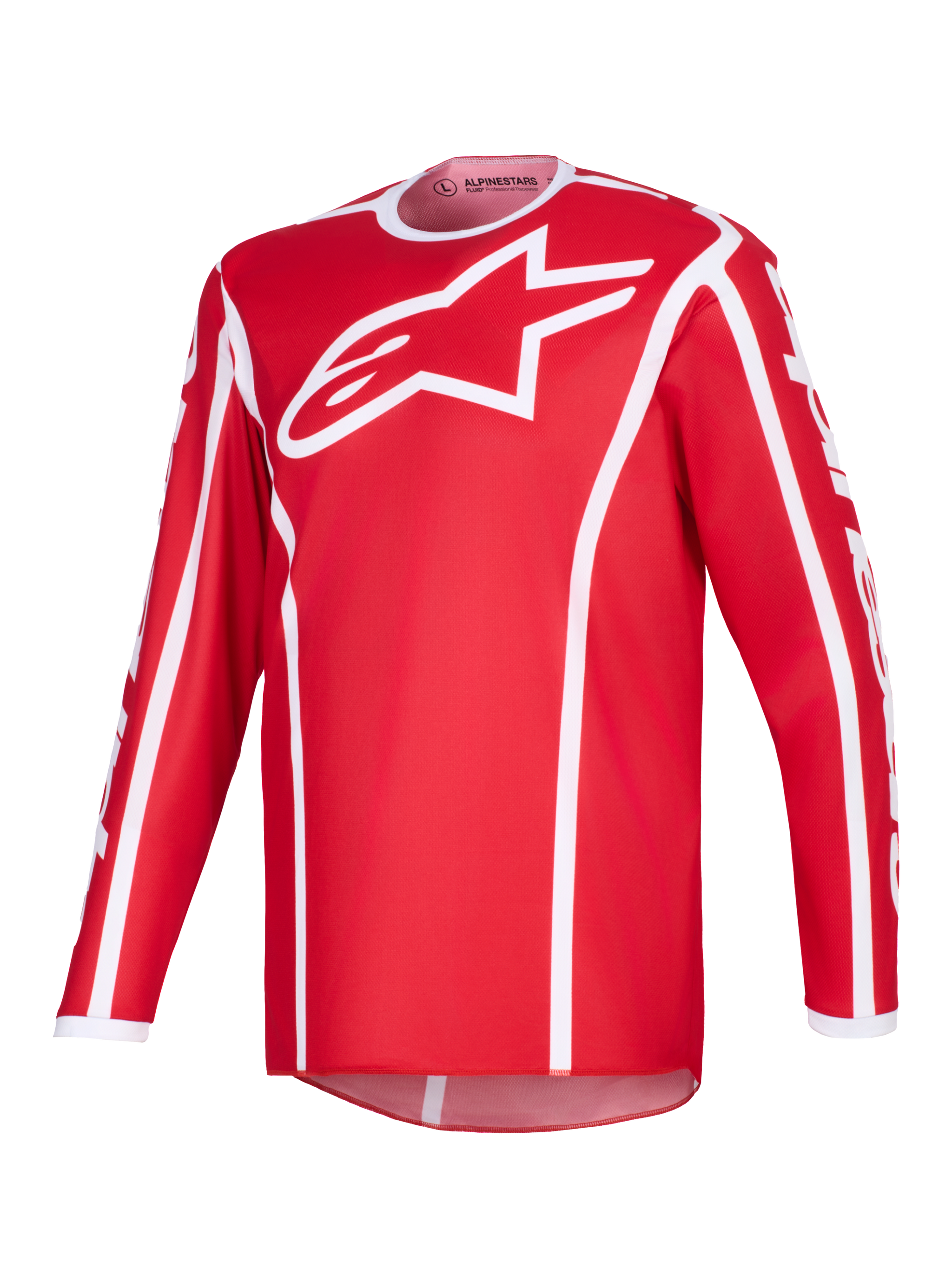 Alpinestars 2026 Fluid Apex Jersey, maglia da motocross, rosso e bianco, con grande logo A-star bianco sul petto, colletto sportivo bianco, profili verticali e bordo posteriore allungato per prestazioni fuoristrada