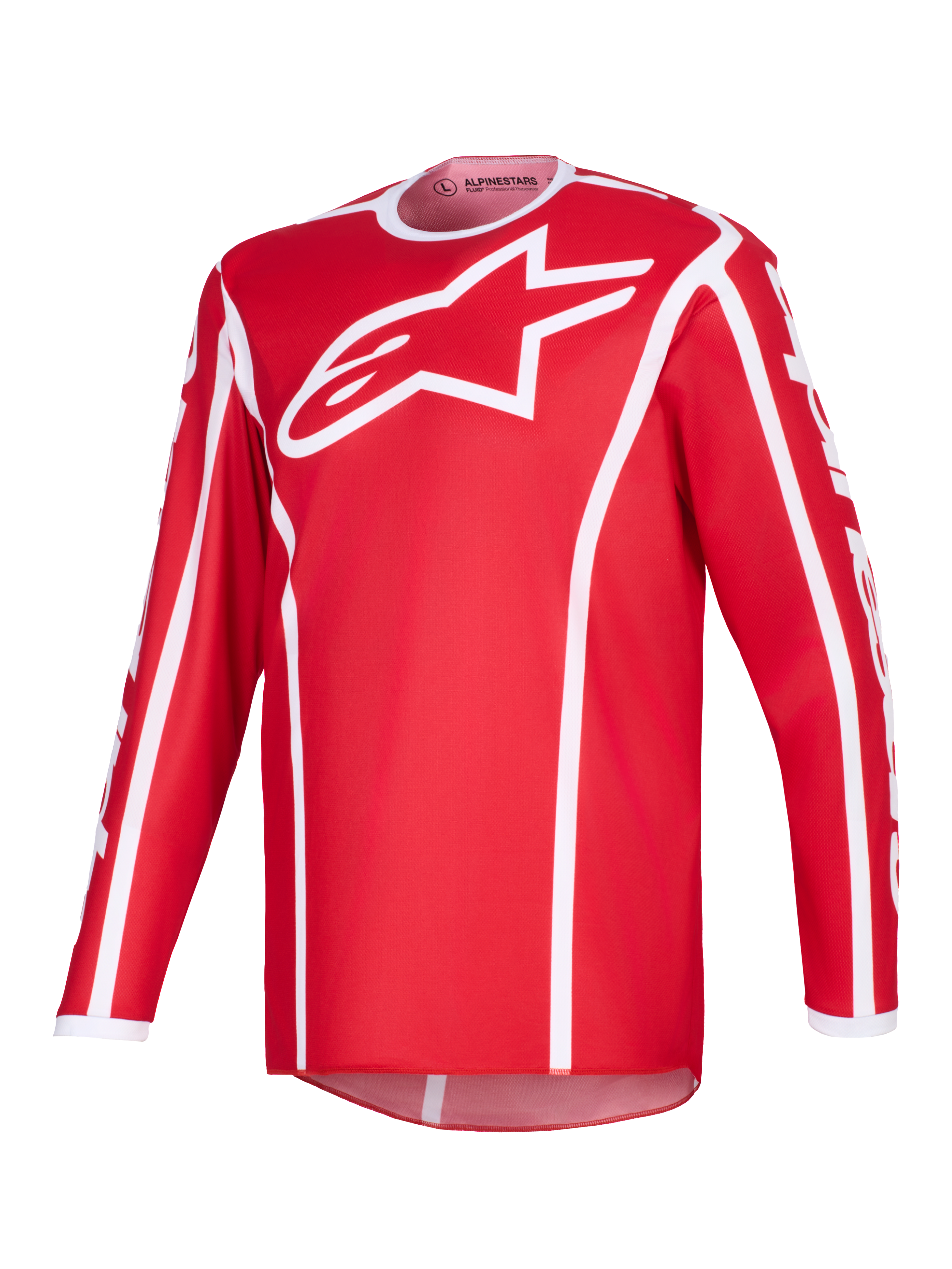 Alpinestars 2026 Fluid Apex Jersey, maglia da motocross, rosso e bianco, con grande logo A-star bianco sul petto, colletto sportivo bianco, profili verticali e bordo posteriore allungato per prestazioni fuoristrada