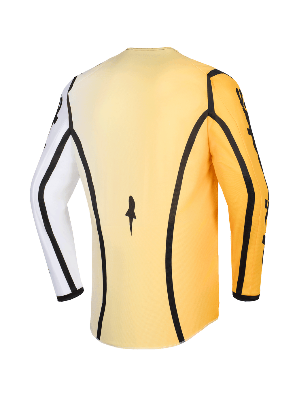 Alpinestars 2026 Fluid Apex Jersey, maglia da motocross, giallo, bianco e nero, vista posteriore con profili neri, una manica bianca e una gialla, con orlo posteriore allungato per una maggiore copertura durante la guida off-road