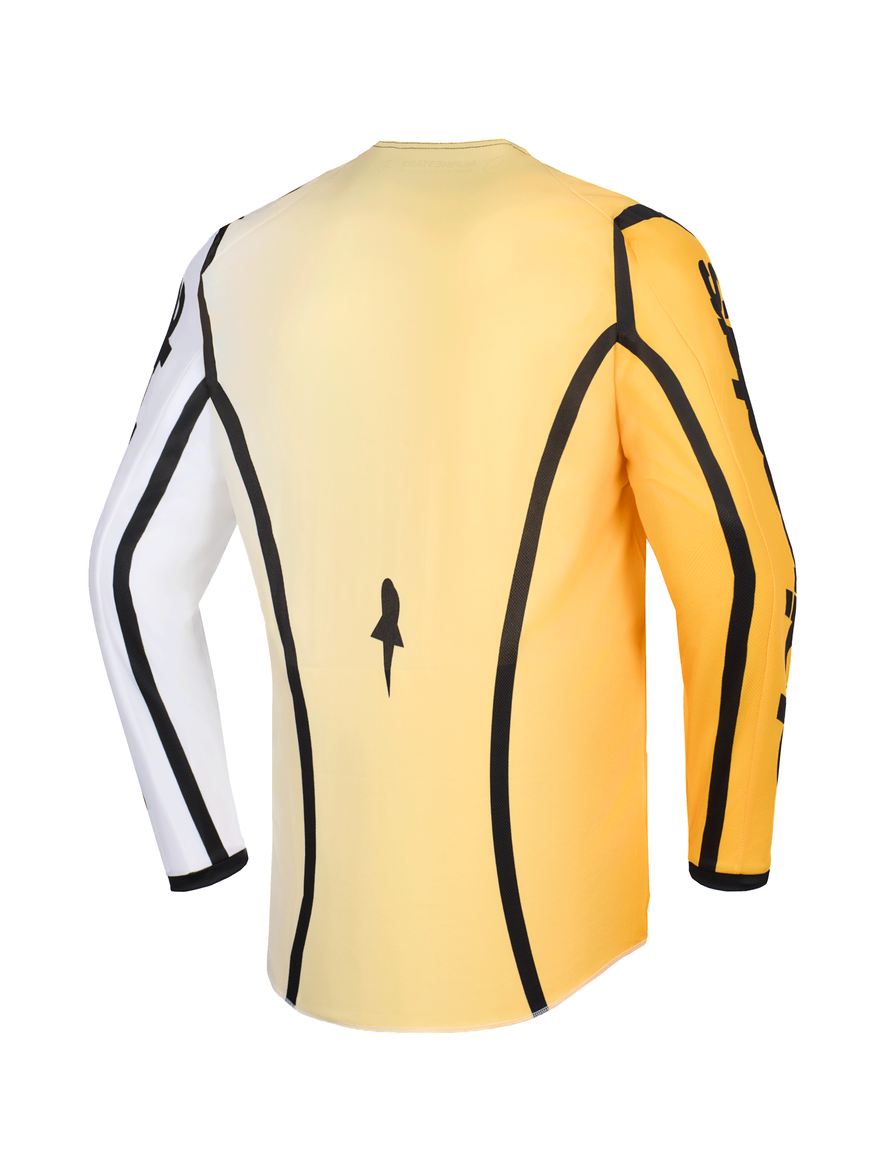Alpinestars 2026 Fluid Apex Jersey, maglia da motocross, giallo, bianco e nero, vista posteriore con profili neri, una manica bianca e una gialla, con orlo posteriore allungato per una maggiore copertura durante la guida off-road