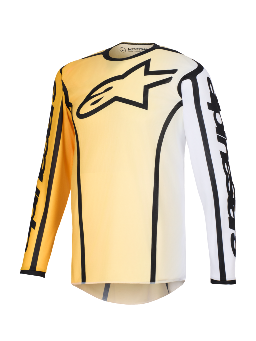 Alpinestars Fluid Apex Jersey 2026, maglia da motocross, sfumatura giallo e bianco con accenti neri, caratterizzata da un grande logo a stella nero sul petto, bordi neri marcati lungo le cuciture e branding Alpinestars sulle maniche, maglia tecnica a maniche lunghe per gare off-road