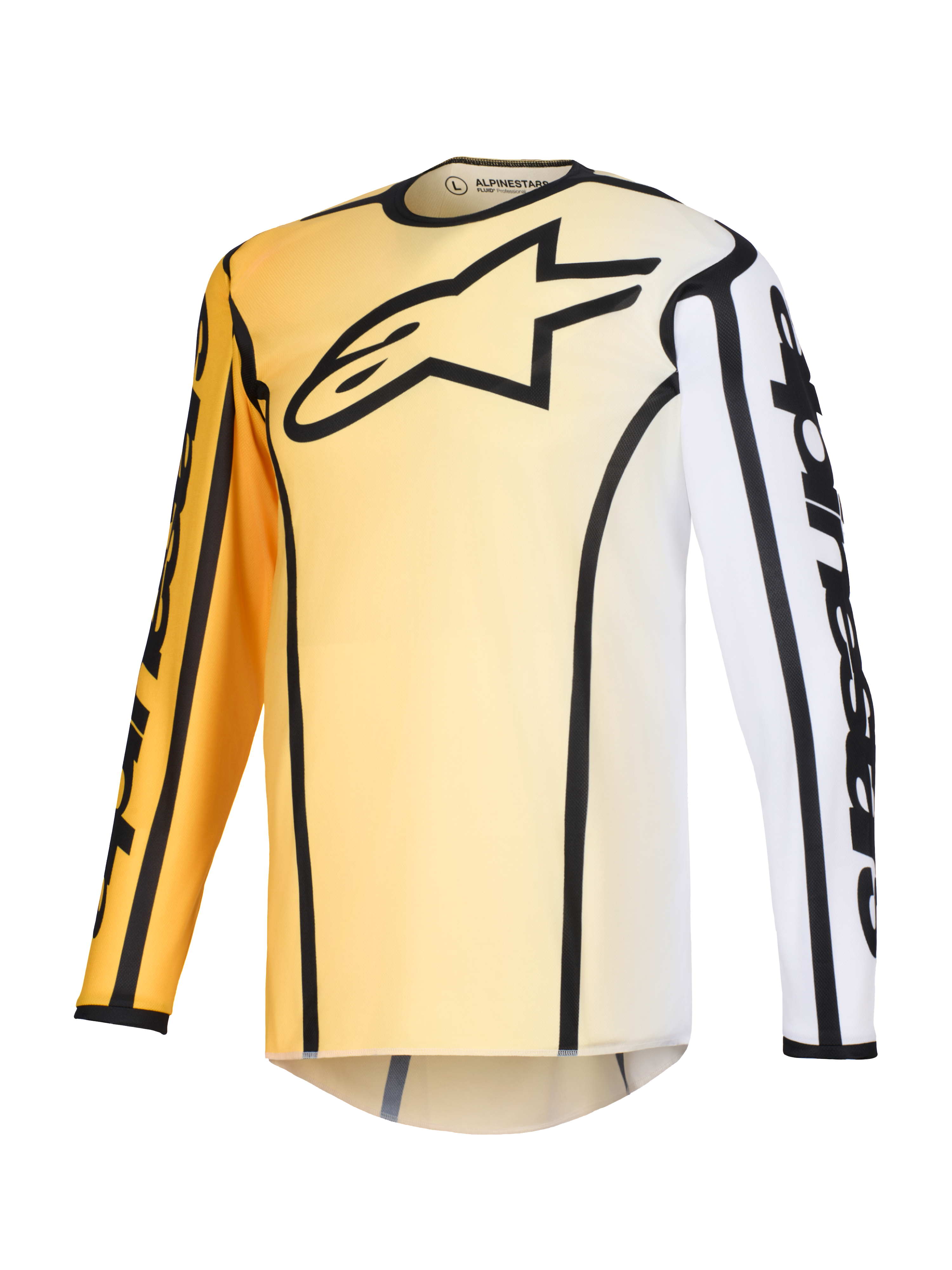 Alpinestars Fluid Apex Jersey 2026, maglia da motocross, sfumatura giallo e bianco con accenti neri, caratterizzata da un grande logo a stella nero sul petto, bordi neri marcati lungo le cuciture e branding Alpinestars sulle maniche, maglia tecnica a maniche lunghe per gare off-road