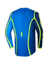 Alpinestars 2026 Fluid Apex Jersey, maglia da motocross, blu e giallo fluo, vista posteriore con linee grafiche giallo neon e orlo posteriore allungato, abbigliamento off-road leggero e traspirante