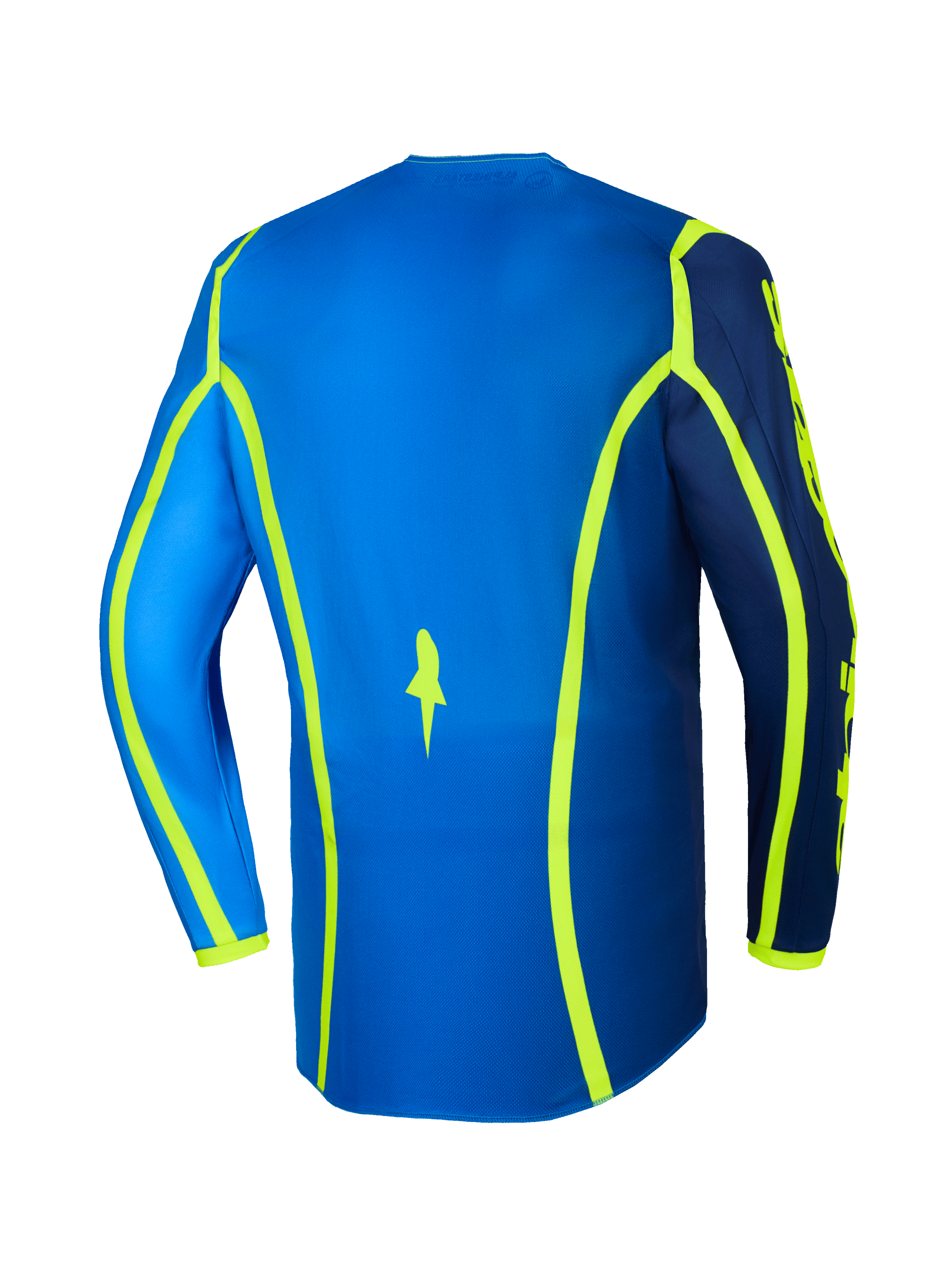 Alpinestars 2026 Fluid Apex Jersey, maglia da motocross, blu e giallo fluo, vista posteriore con linee grafiche giallo neon e orlo posteriore allungato, abbigliamento off-road leggero e traspirante