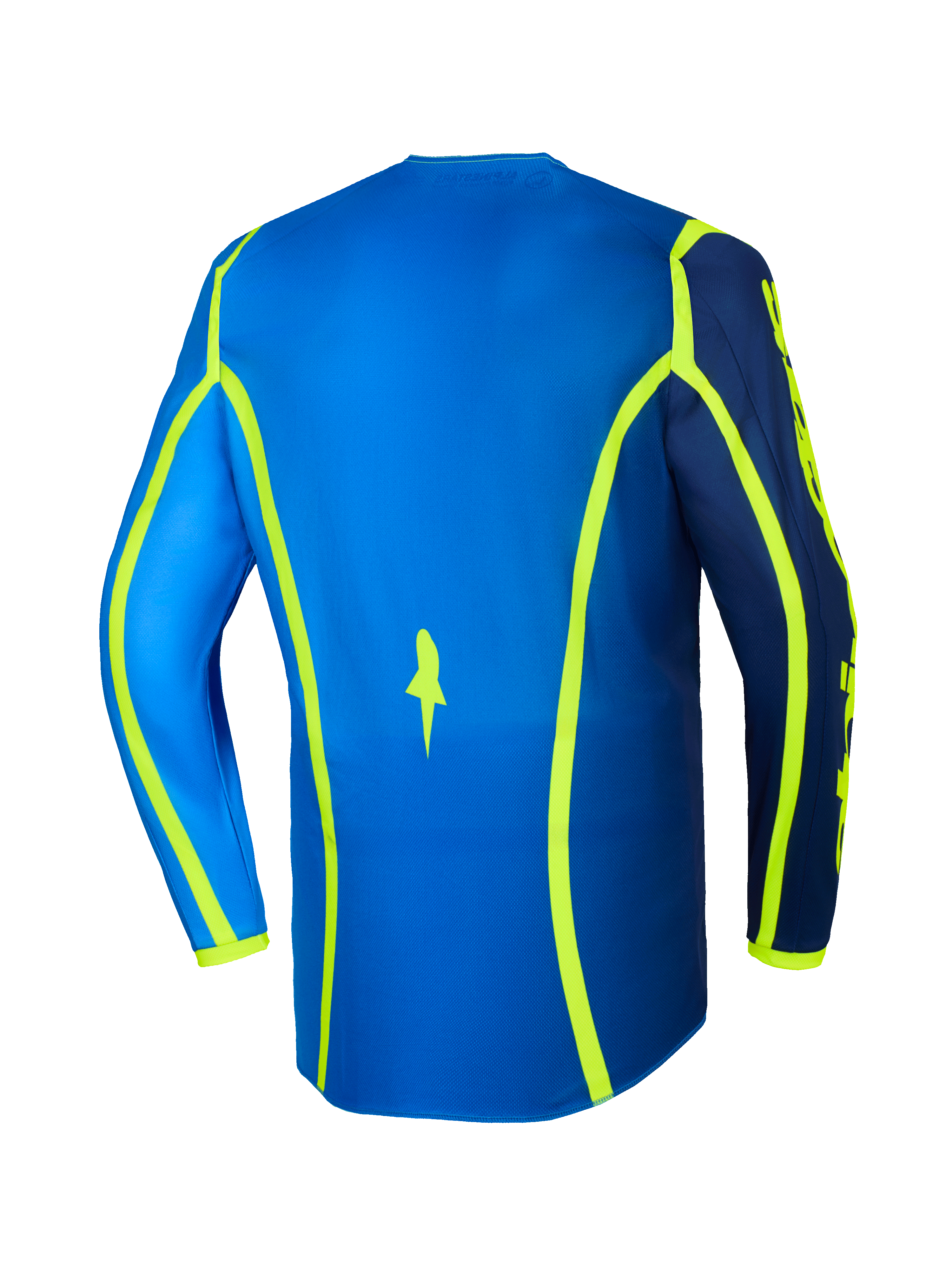 Alpinestars 2026 Fluid Apex Jersey, maglia da motocross, blu e giallo fluo, vista posteriore con linee grafiche giallo neon e orlo posteriore allungato, abbigliamento off-road leggero e traspirante