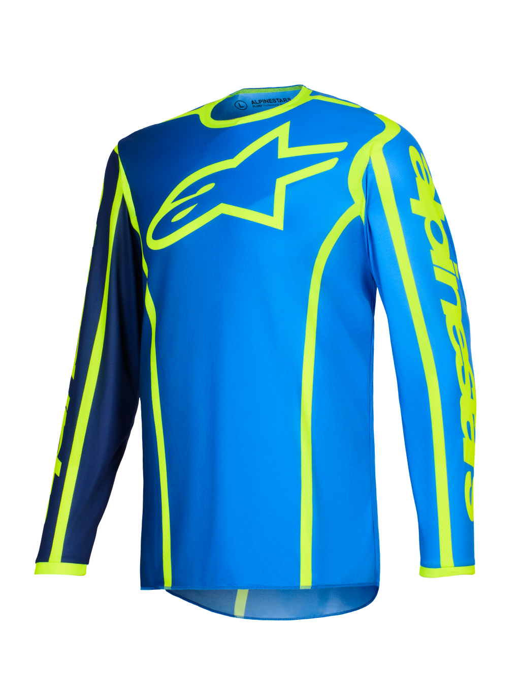 Alpinestars 2026 Fluid Apex Jersey, maglia da motocross, blu e giallo fluo, grande logo a stella giallo fluorescente sul petto, maniche lunghe con sezioni blu navy e blu brillante, marchio verticale sul braccio, abbigliamento sportivo per fuoristrada