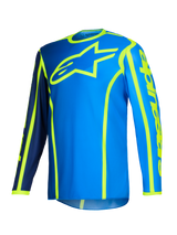 Alpinestars 2026 Fluid Apex Jersey, maglia da motocross, blu e giallo fluo, grande logo a stella giallo fluorescente sul petto, maniche lunghe con sezioni blu navy e blu brillante, marchio verticale sul braccio, abbigliamento sportivo per fuoristrada
