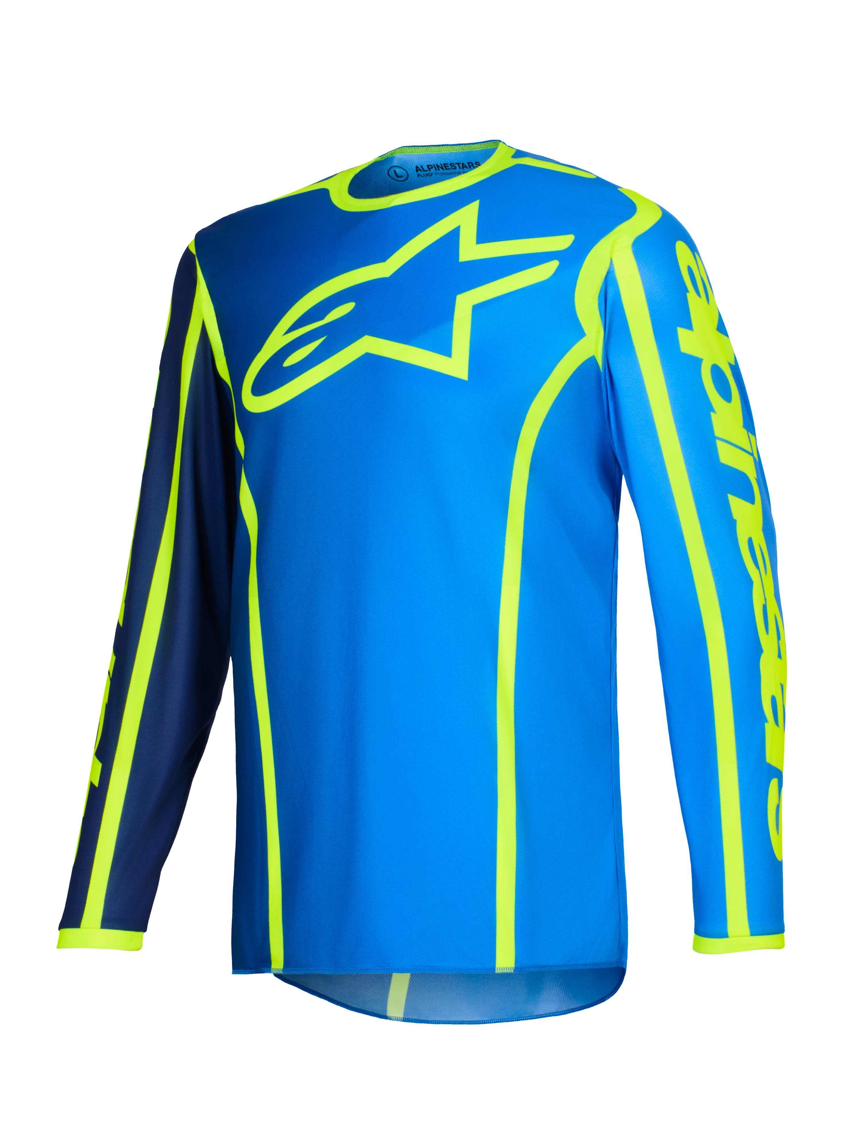 Alpinestars 2026 Fluid Apex Jersey, maglia da motocross, blu e giallo fluo, grande logo a stella giallo fluorescente sul petto, maniche lunghe con sezioni blu navy e blu brillante, marchio verticale sul braccio, abbigliamento sportivo per fuoristrada