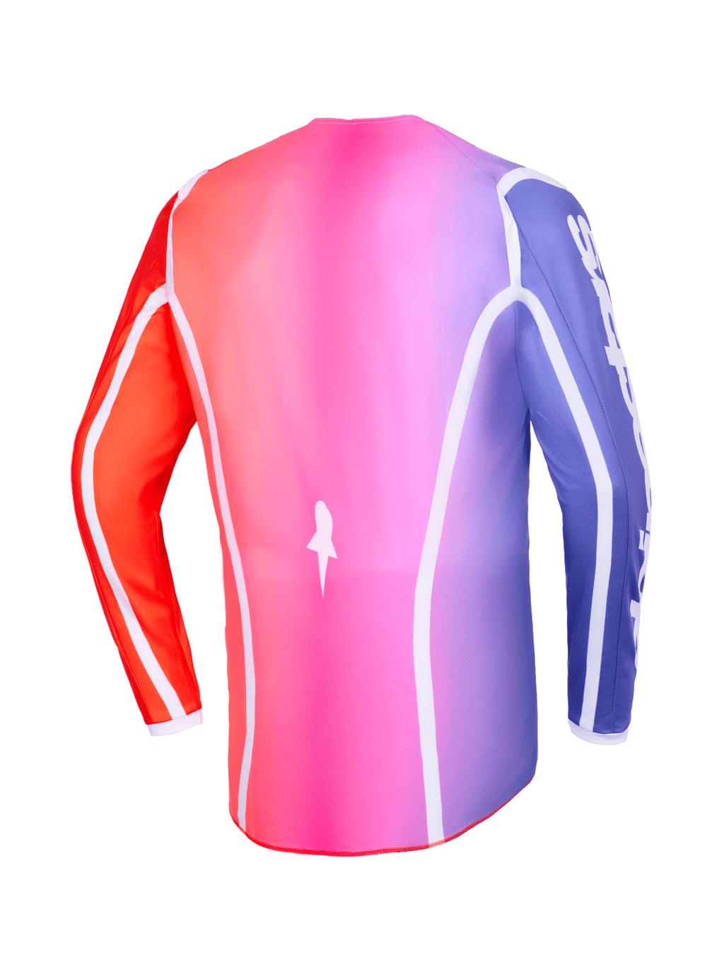 Maglia Alpinestars Fluid Apex 2026, vista posteriore, sfumatura multicolore rosa, viola e arancione, con profili bianchi curvi e orlo posteriore allungato, abbigliamento professionale da motocross e fuoristrada