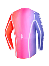 Maglia Alpinestars Fluid Apex 2026, vista posteriore, sfumatura multicolore rosa, viola e arancione, con profili bianchi curvi e orlo posteriore allungato, abbigliamento professionale da motocross e fuoristrada