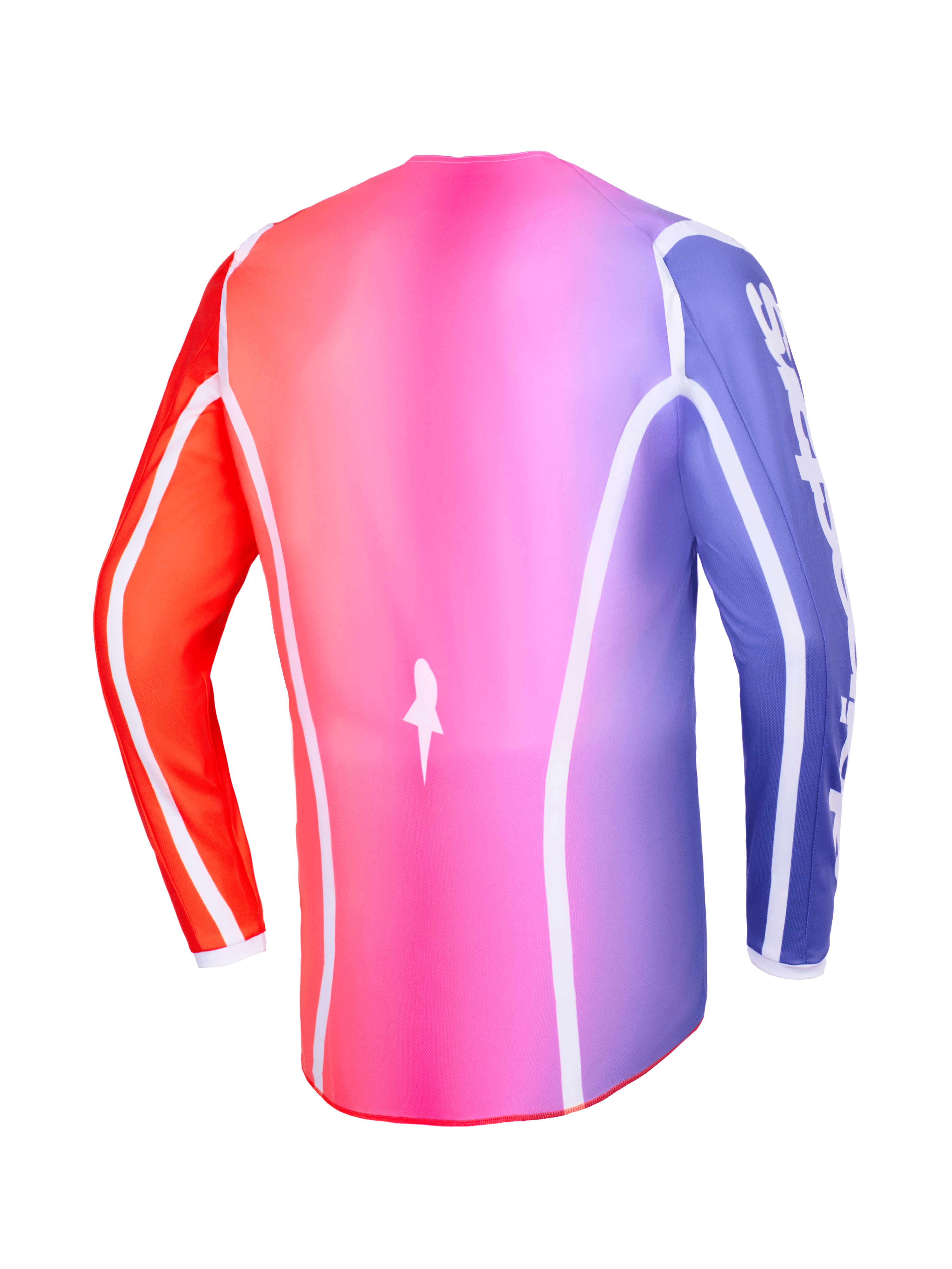 Maglia Alpinestars Fluid Apex 2026, vista posteriore, sfumatura multicolore rosa, viola e arancione, con profili bianchi curvi e orlo posteriore allungato, abbigliamento professionale da motocross e fuoristrada