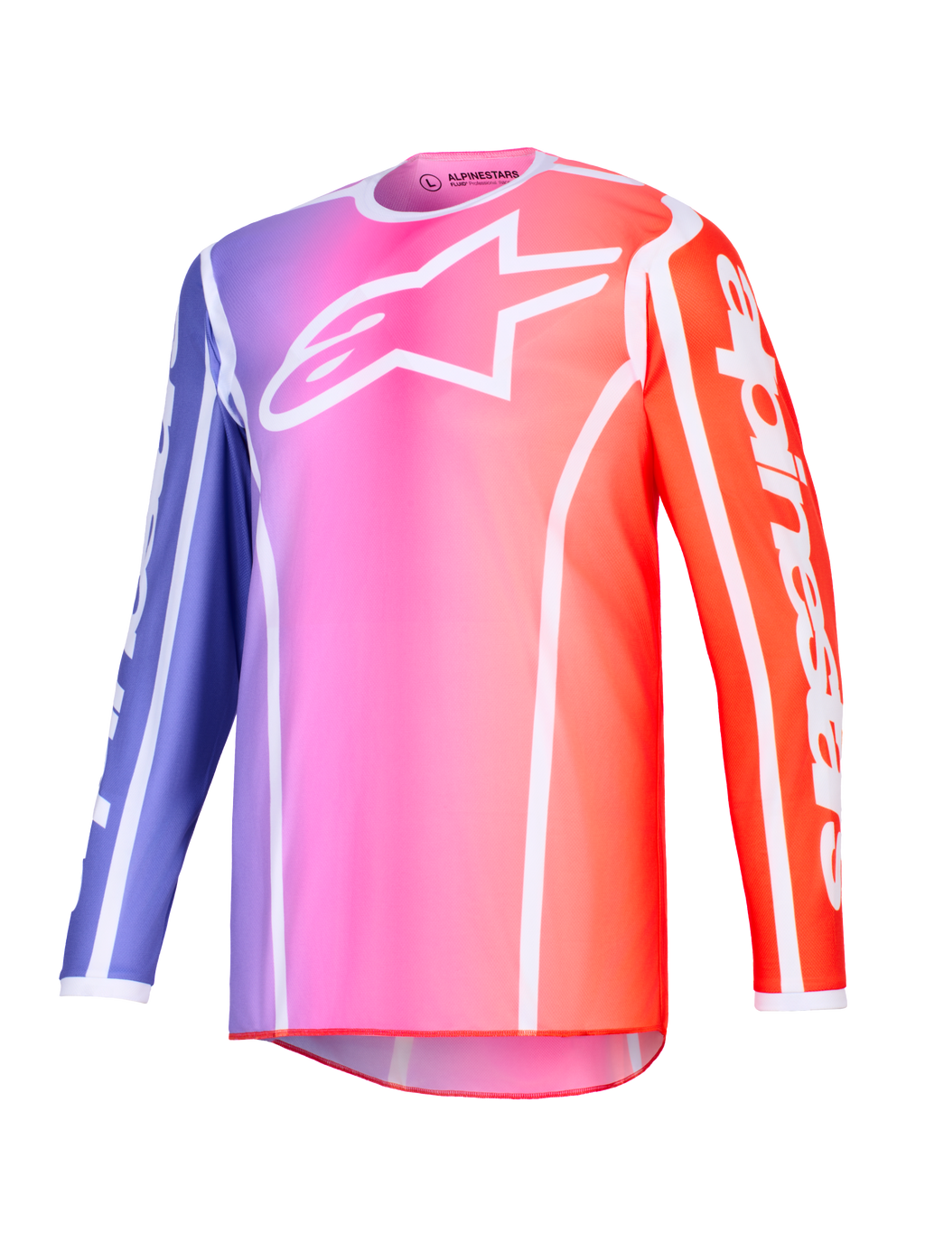Alpinestars 2026 Fluid Apex Jersey, maglia da motocross, sfumatura viola, rosa e arancione con accenti bianchi, logo Astars bianco sul petto e branding sulle maniche, poliestere leggero per corse fuoristrada