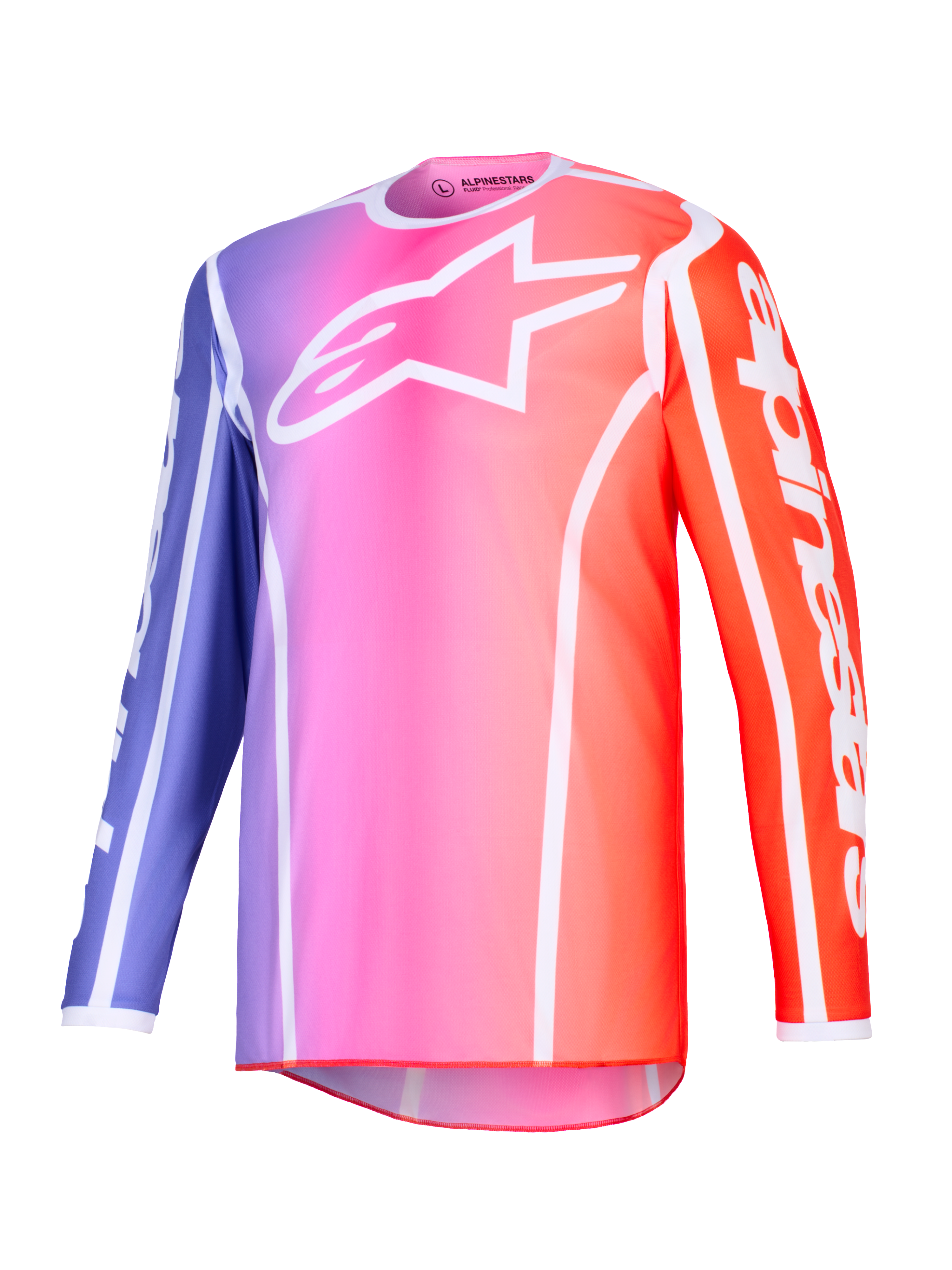 Alpinestars 2026 Fluid Apex Jersey, maglia da motocross, sfumatura viola, rosa e arancione con accenti bianchi, logo Astars bianco sul petto e branding sulle maniche, poliestere leggero per corse fuoristrada