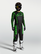 Alpinestars Maglia Fluid Apex V2, maglia motocross da uomo, nera e verde fluo, con pantaloni e stivali coordinati.