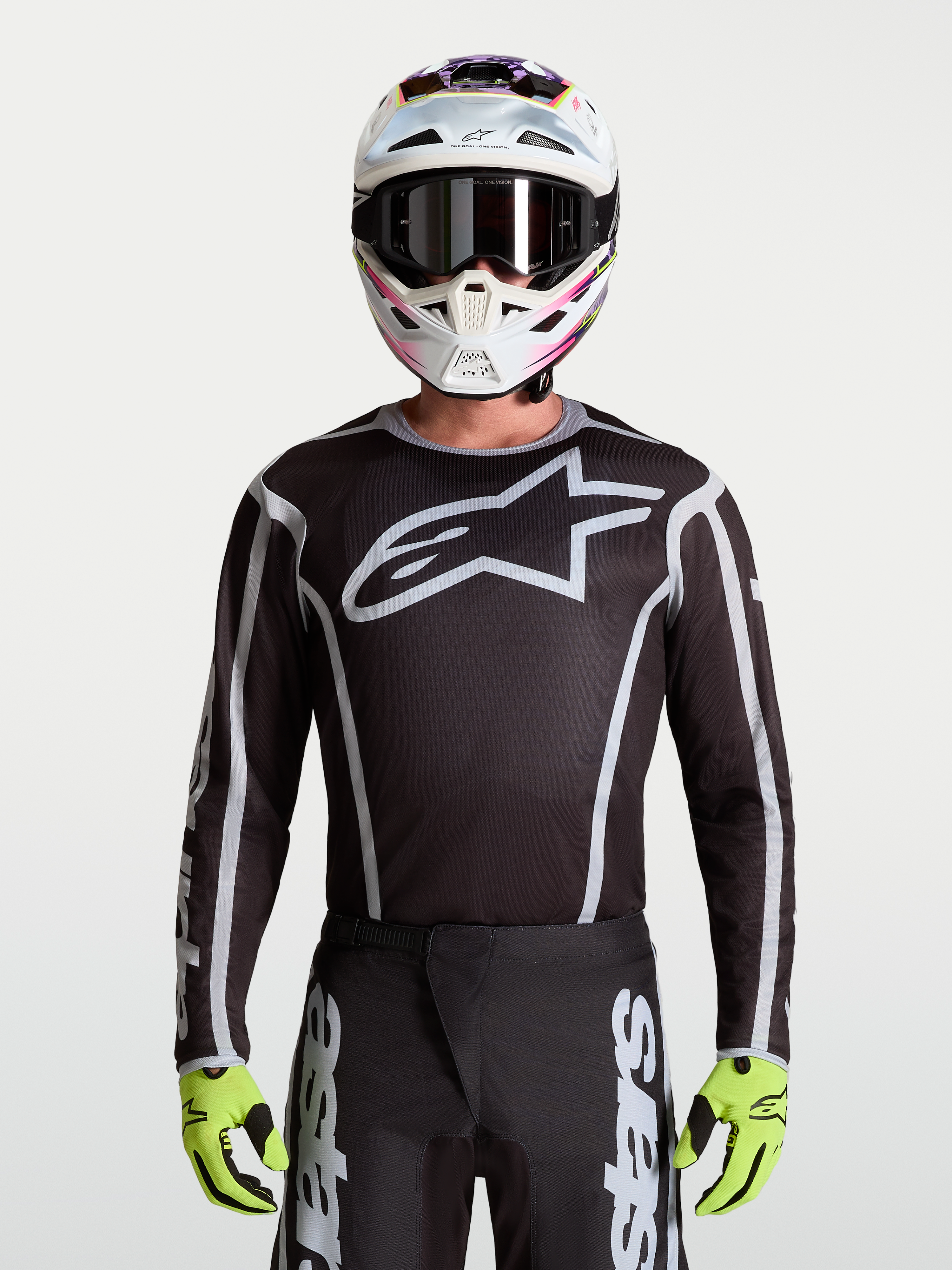Alpinestars maglia Fluid Apex V2, maglia da motocross da uomo, nera e argento con grande logo a stella, vestibilità atletica