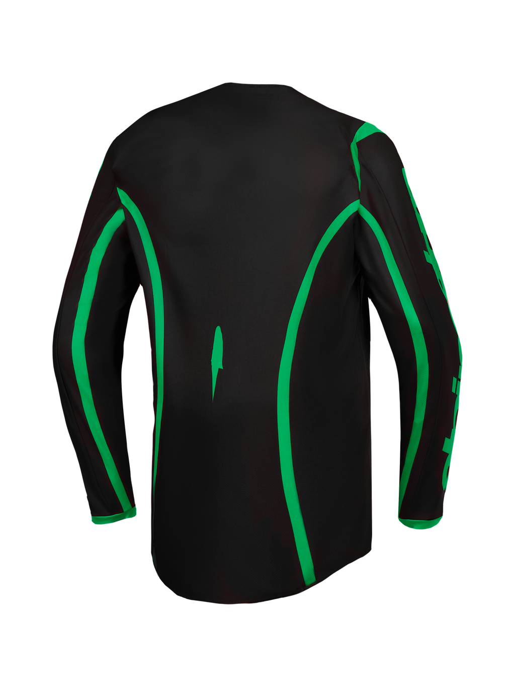 Alpinestars Maglia Fluid Apex V2, maglia da motocross da uomo, nera e verde fluo, caratterizzata dal retro allungato per maggiore copertura, vista posteriore, abbigliamento tecnico off-road.