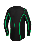 Alpinestars Maglia Fluid Apex V2, maglia da motocross da uomo, nera e verde fluo, caratterizzata dal retro allungato per maggiore copertura, vista posteriore, abbigliamento tecnico off-road.