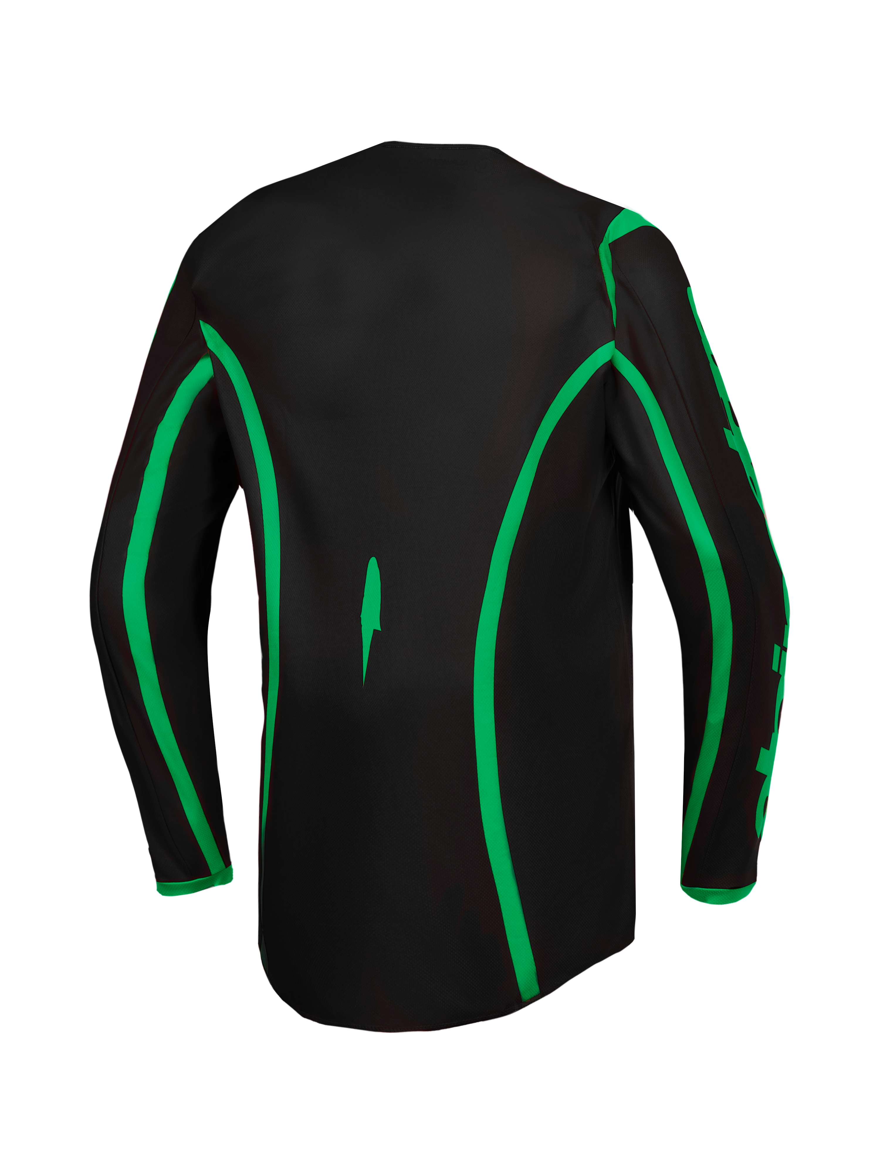 Alpinestars Maglia Fluid Apex V2, maglia da motocross da uomo, nera e verde fluo, caratterizzata dal retro allungato per maggiore copertura, vista posteriore, abbigliamento tecnico off-road.