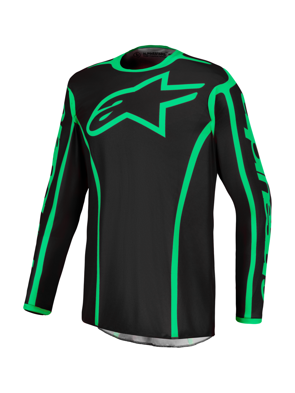Alpinestars Fluid Apex V2 Jersey, black and green fluo motocross jersey with moisture-wicking polyfabric and star logo.