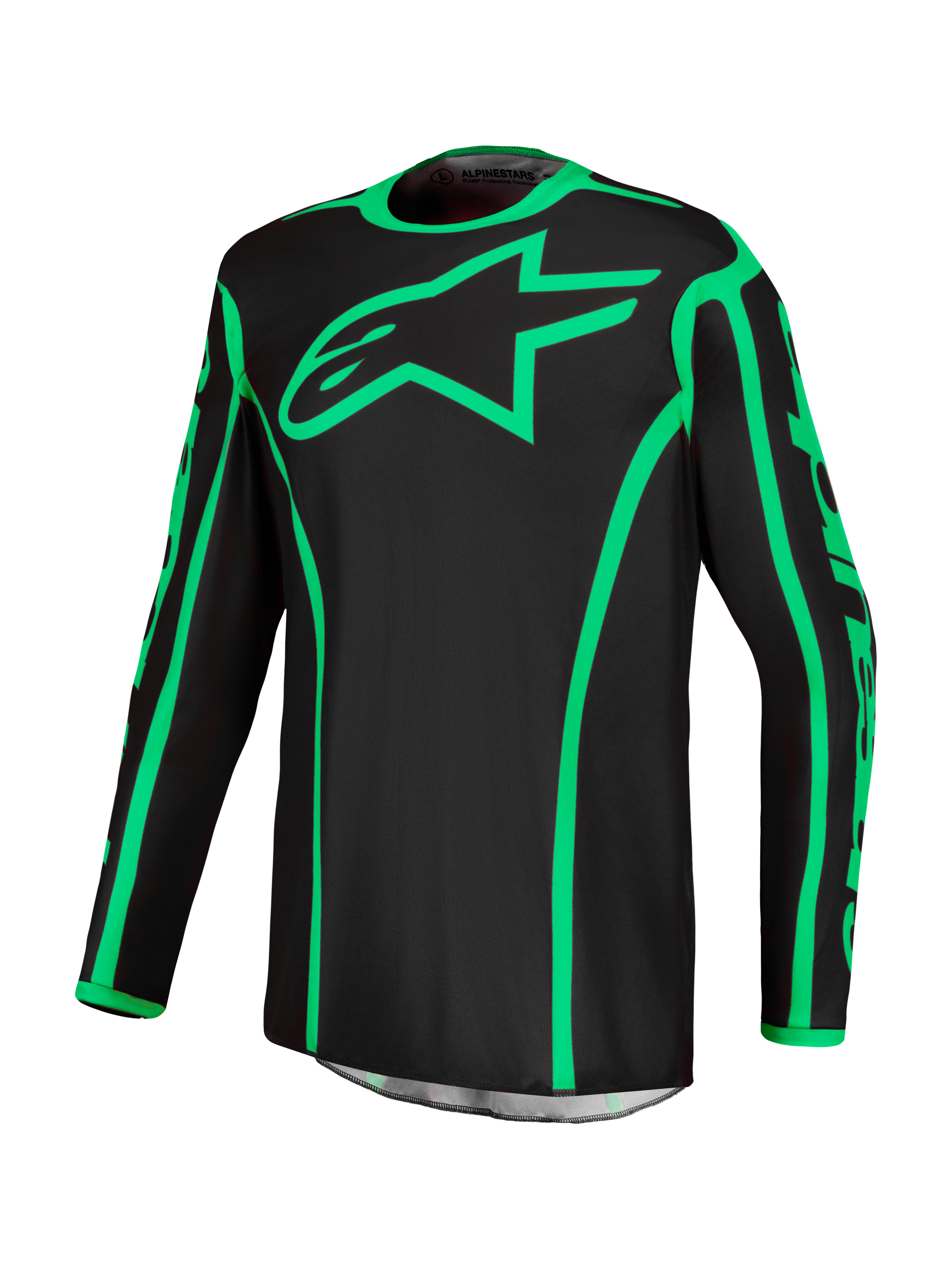 Alpinestars Maglia Fluid Apex V2, maglia motocross uomo, nera e verde fluo, in poliestere anti-umidità con logo a stella.
