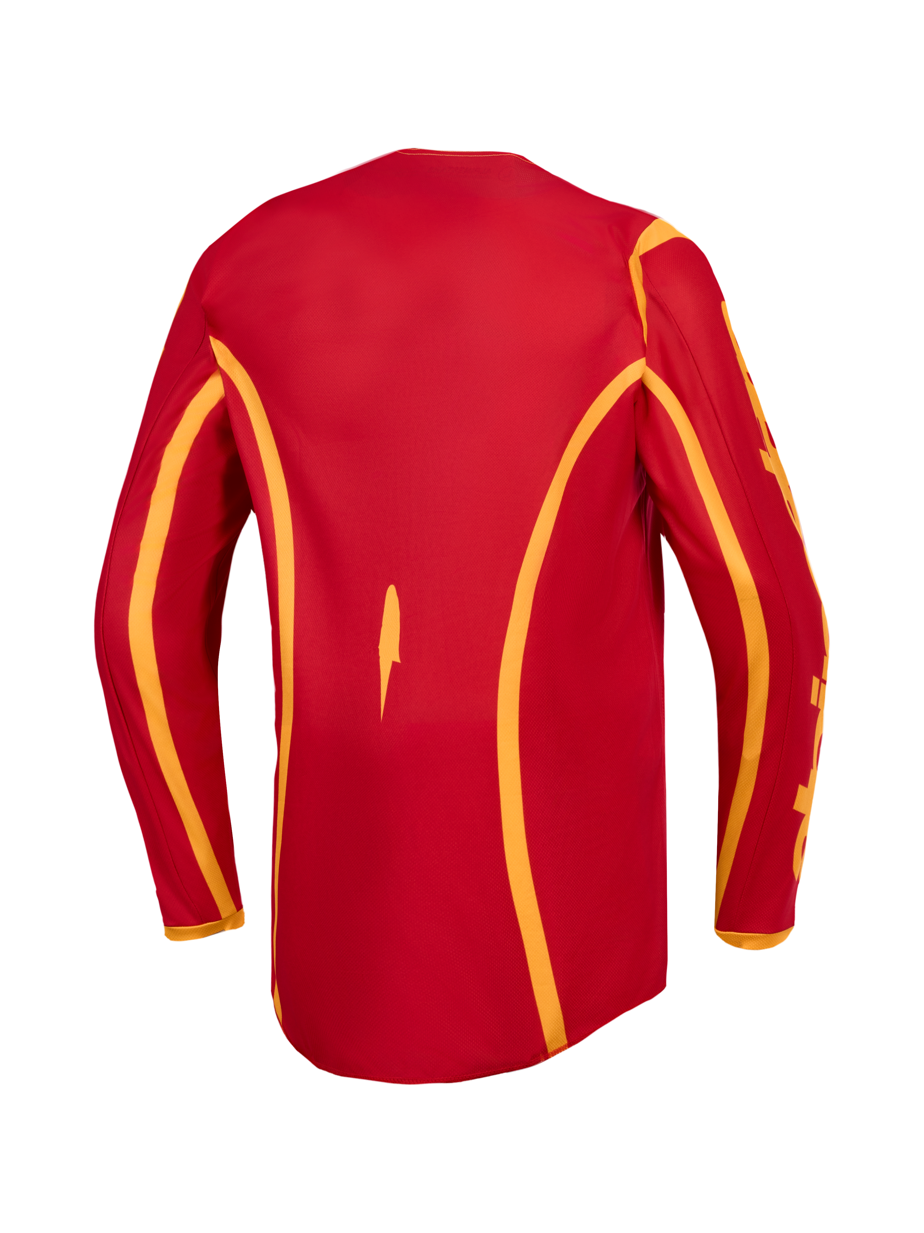 Alpinestars maglia Fluid Apex V2 da motocross, uomo, rosso fuoco e oro, vista posteriore con taglio allungato.