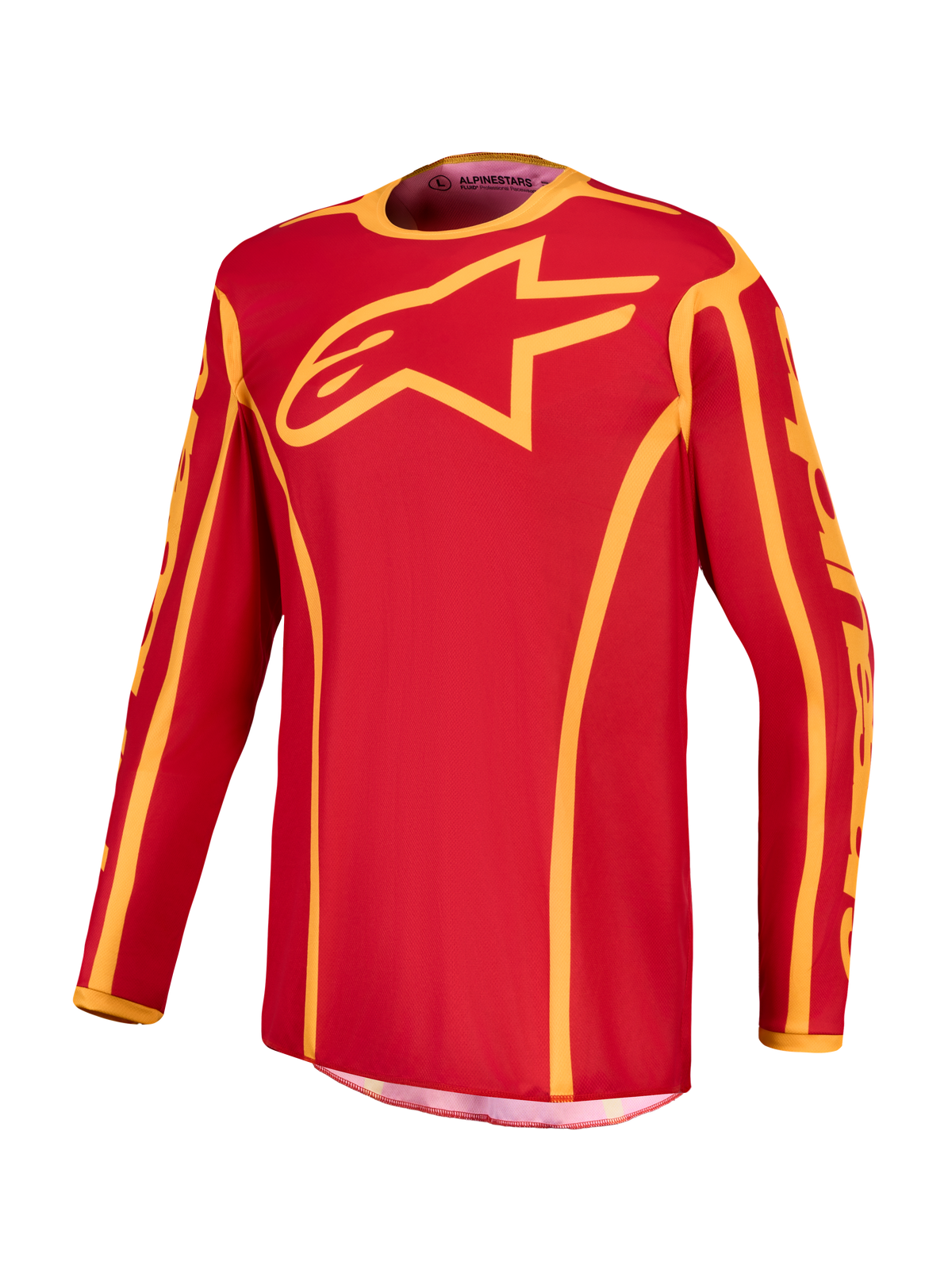 Alpinestars Fluid Apex V2 Jersey, Men's Motocross Jersey, Fire Red and Gold, moisture-wicking polyfabric with a relaxed sport fit.