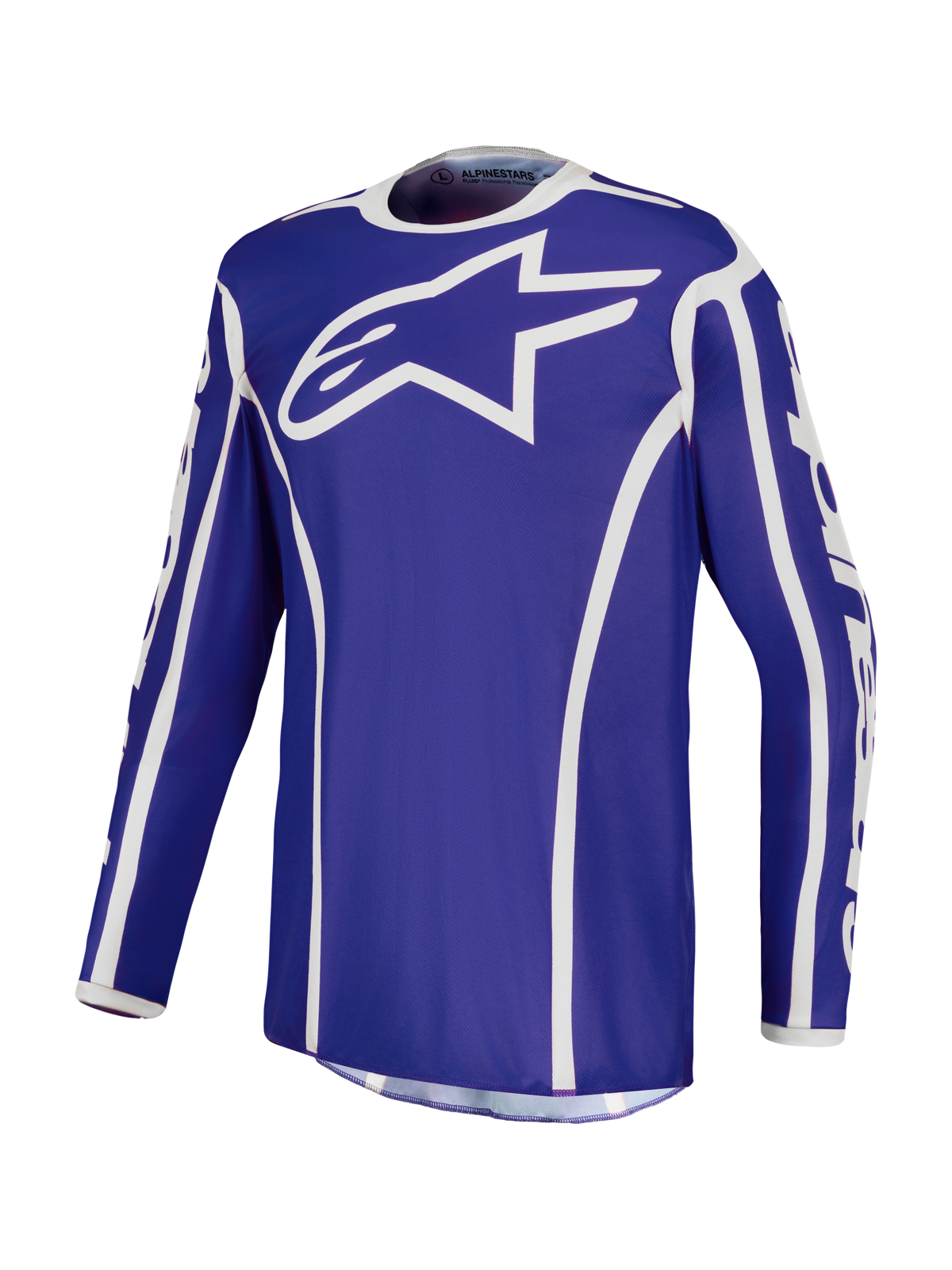 Alpinestars Fluid Apex V2 Jersey, deep blue and white men's motocross top with moisture-wicking polyfabric.
