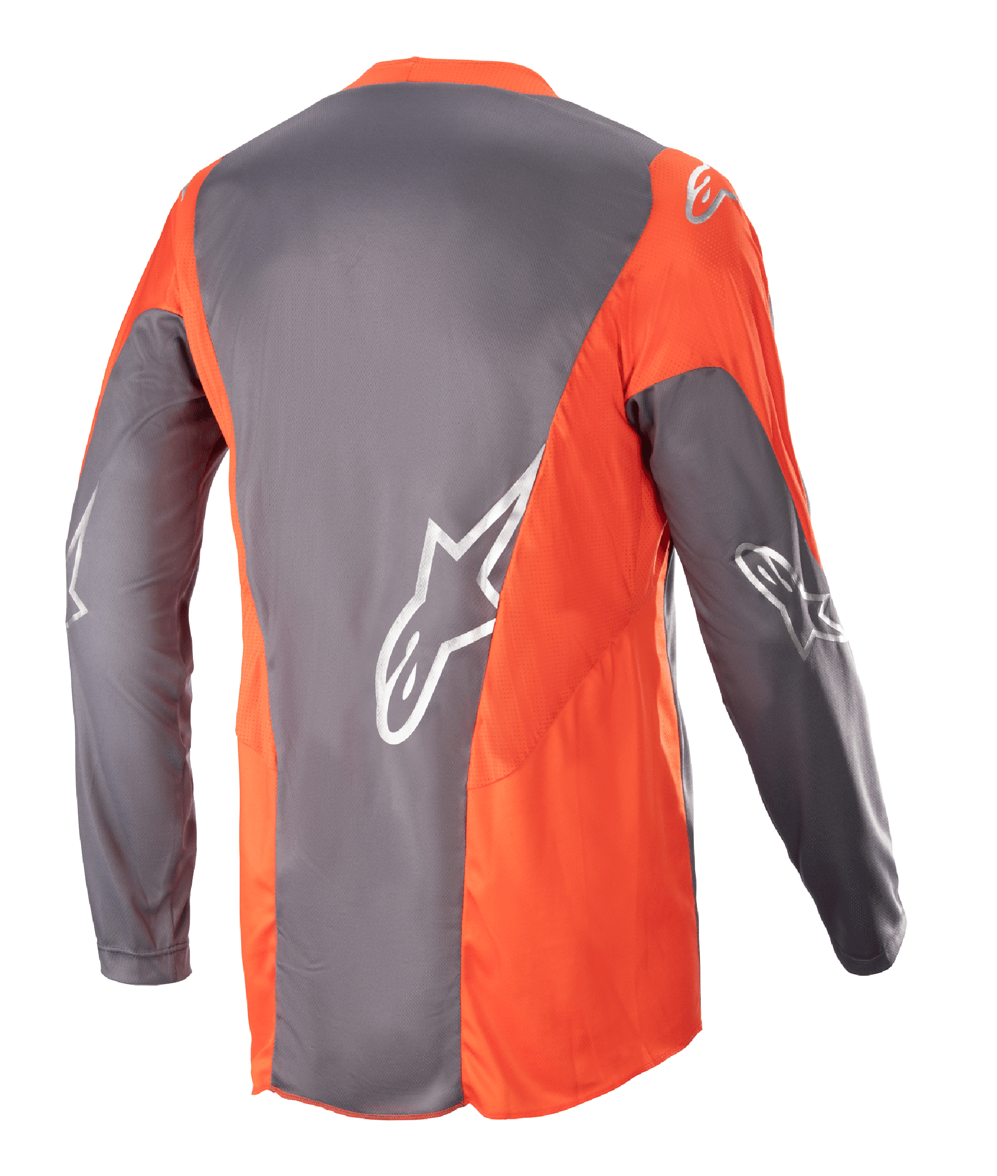 Alpinestars Maglia Racer Hoen 2023, maglia da motocross, Magnet Hot Orange, vista posteriore con pannelli grigi e arancioni e loghi Astars argento su maniche e schiena, abbigliamento tecnico per fuoristrada