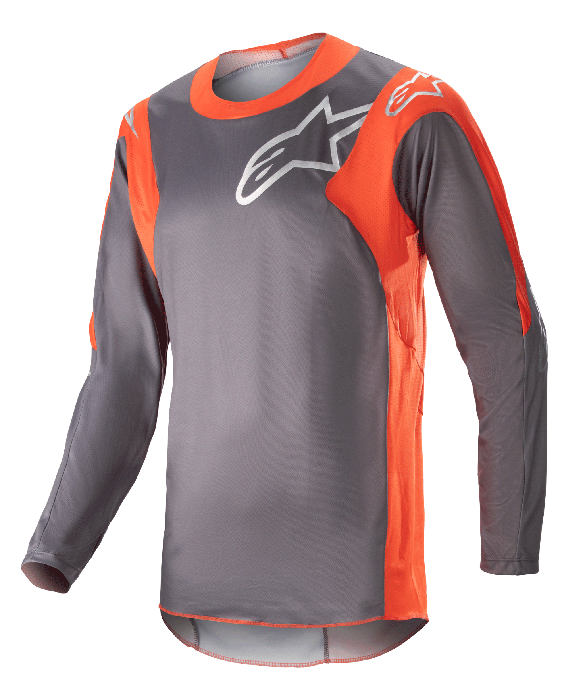 Alpinestars 2023 Racer Hoen Jersey, maglia da motocross a maniche lunghe, grigio Magnet e arancione acceso, logo Alpinestars bianco su petto e spalle, tessuto tecnico leggero per gare off-road