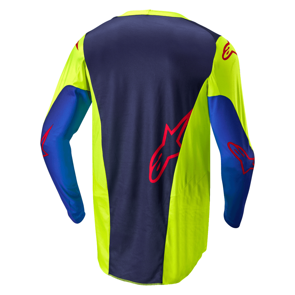 Alpinestars Racer Hoen Jersey 2024, maglia da motocross, giallo fluo e blu notte, vista posteriore con pannello centrale blu scuro e logo rosso, sezioni laterali giallo brillante, maniche lunghe, in tessuto a rete traspirante per prestazioni fuoristrada